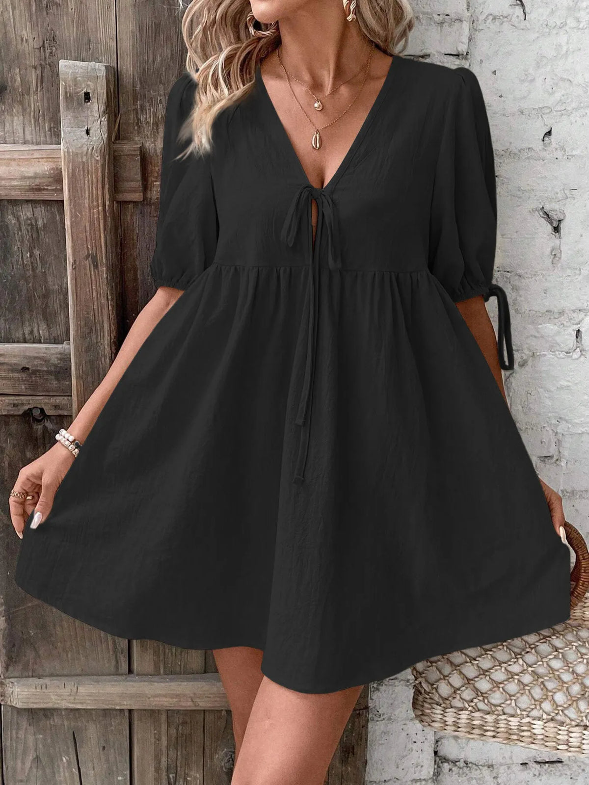 V-Neck Tie-Front Mini Dress with Puff Sleeves