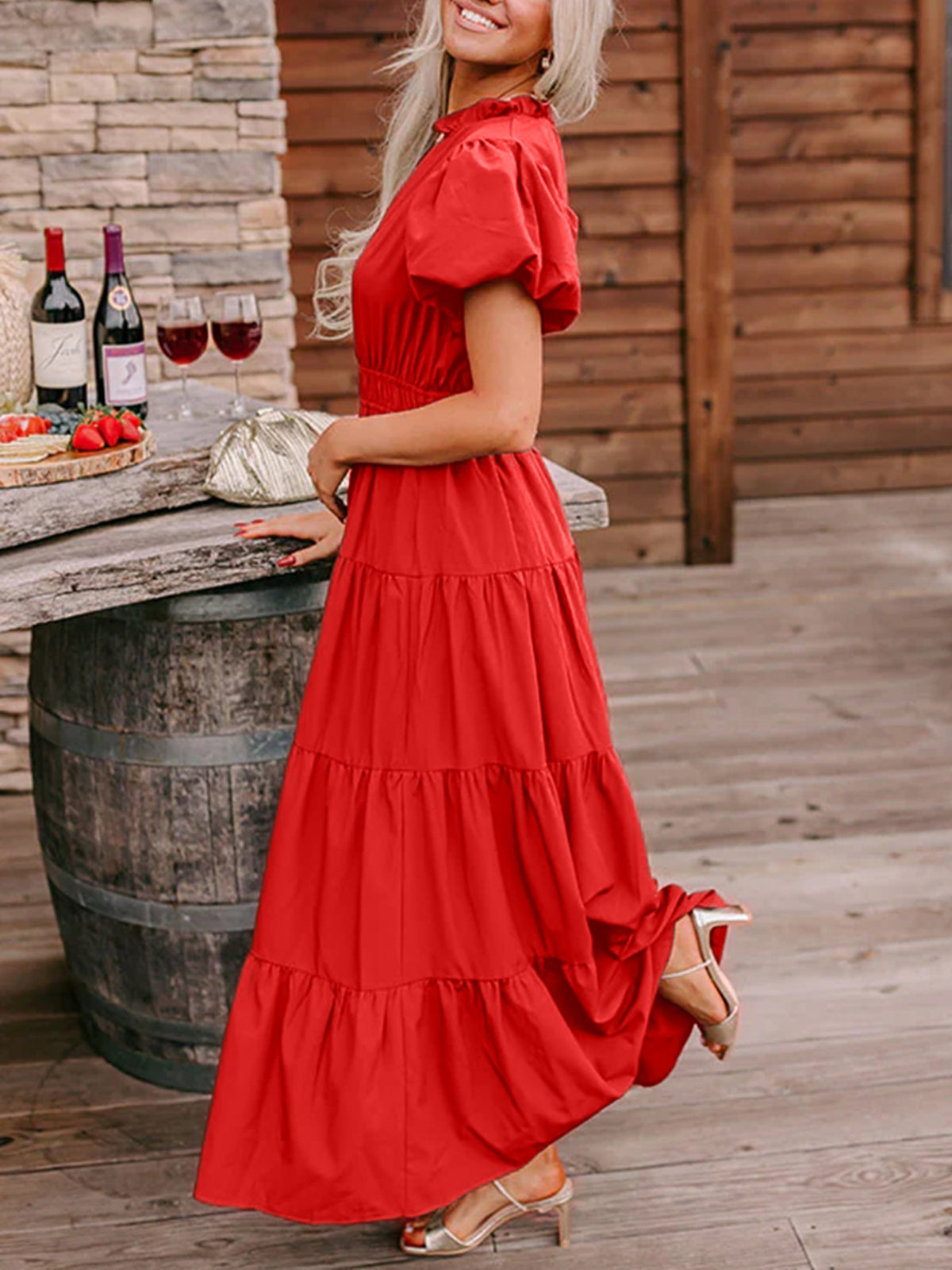 Puff Sleeve Tiered Maxi Dress in Deep Red