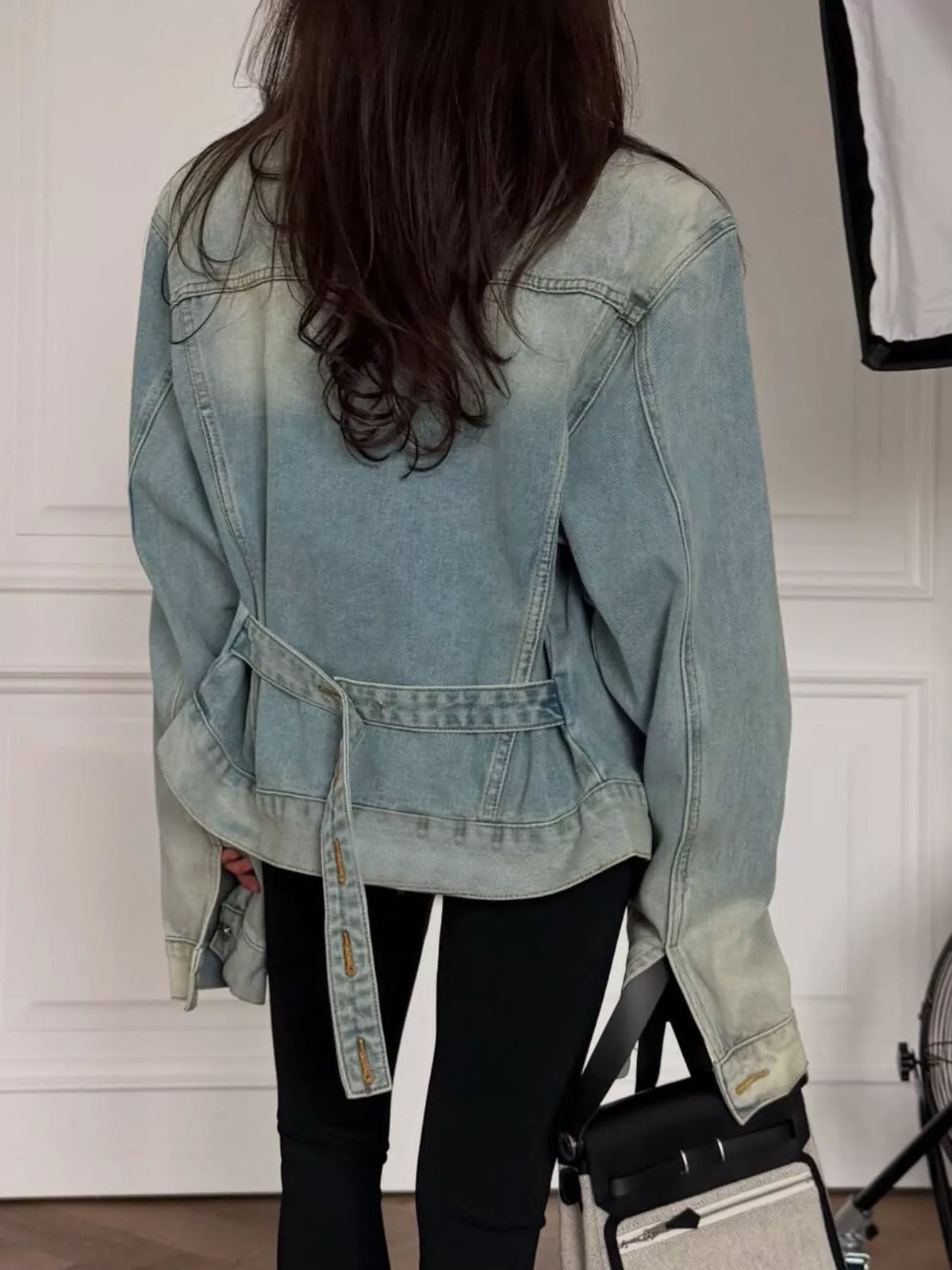 Vintage Wash Belted Denim Jacket in Blue