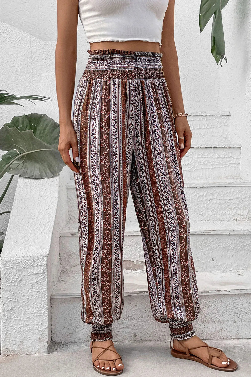 Smocked High-Waist Pants in Multicolor