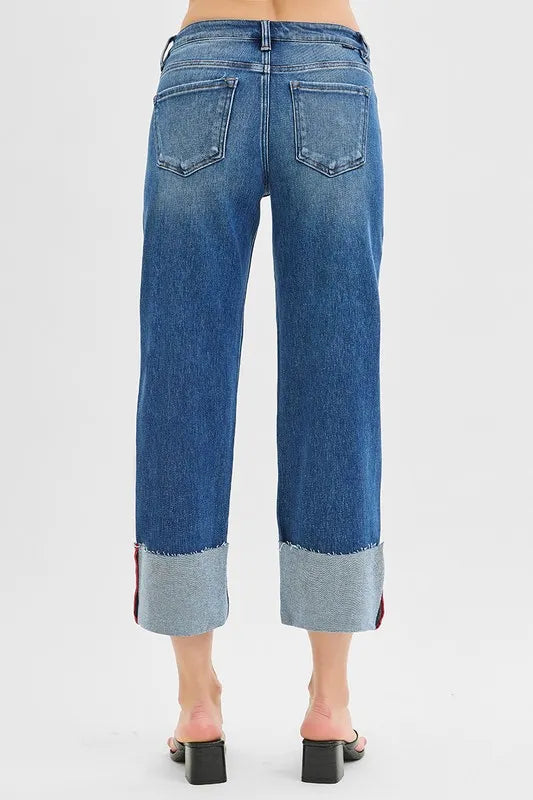 Risen Tummy Control Mid Rise Crop Wide Leg Jeans in Dark Wash