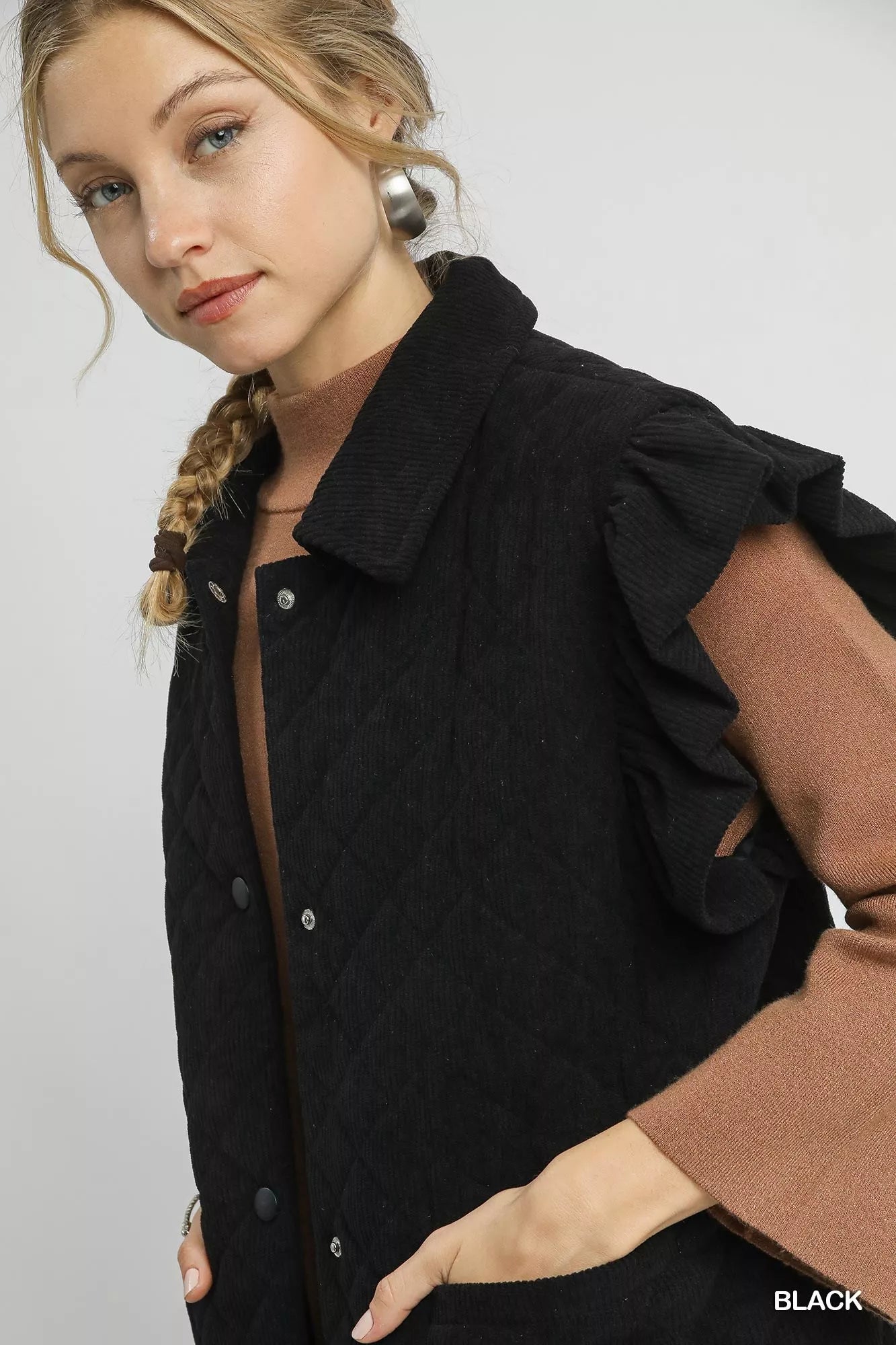 Umgee Corduroy Ruffle Sleeve Vest in Black