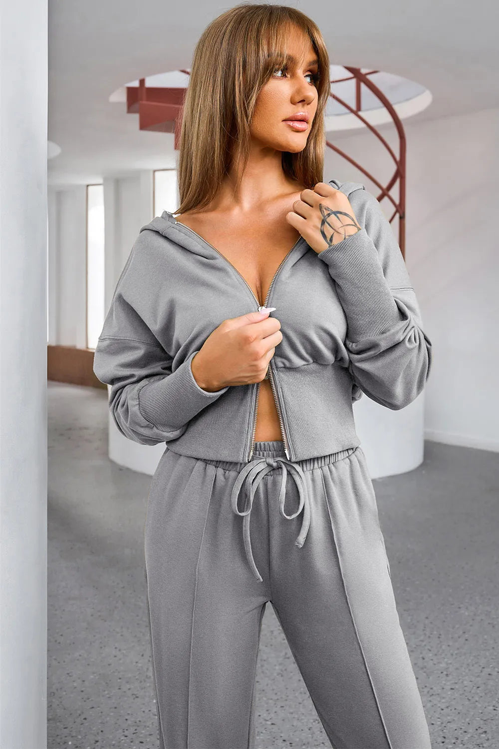 Dropped Shoulder Hoodie & Drawstring Pants Set in Dark Gray