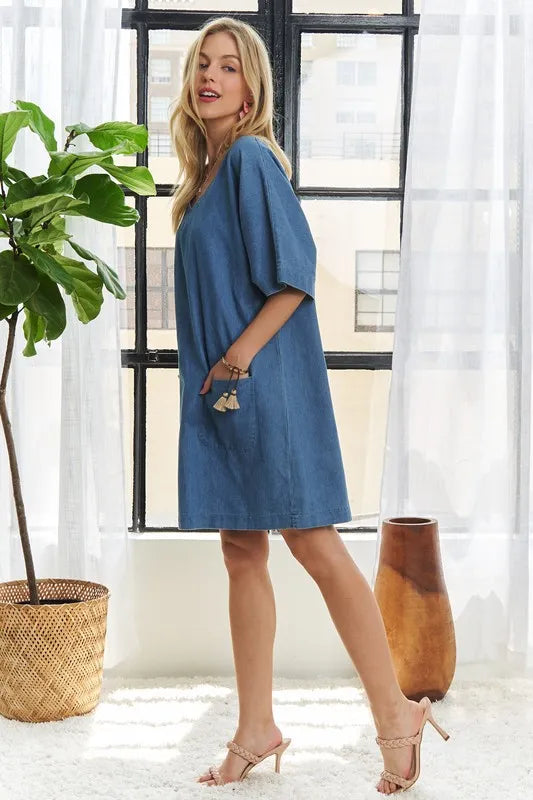 V-Neck Half Sleeve Mini Denim Dress in Peacock Blue in Peacock Blue