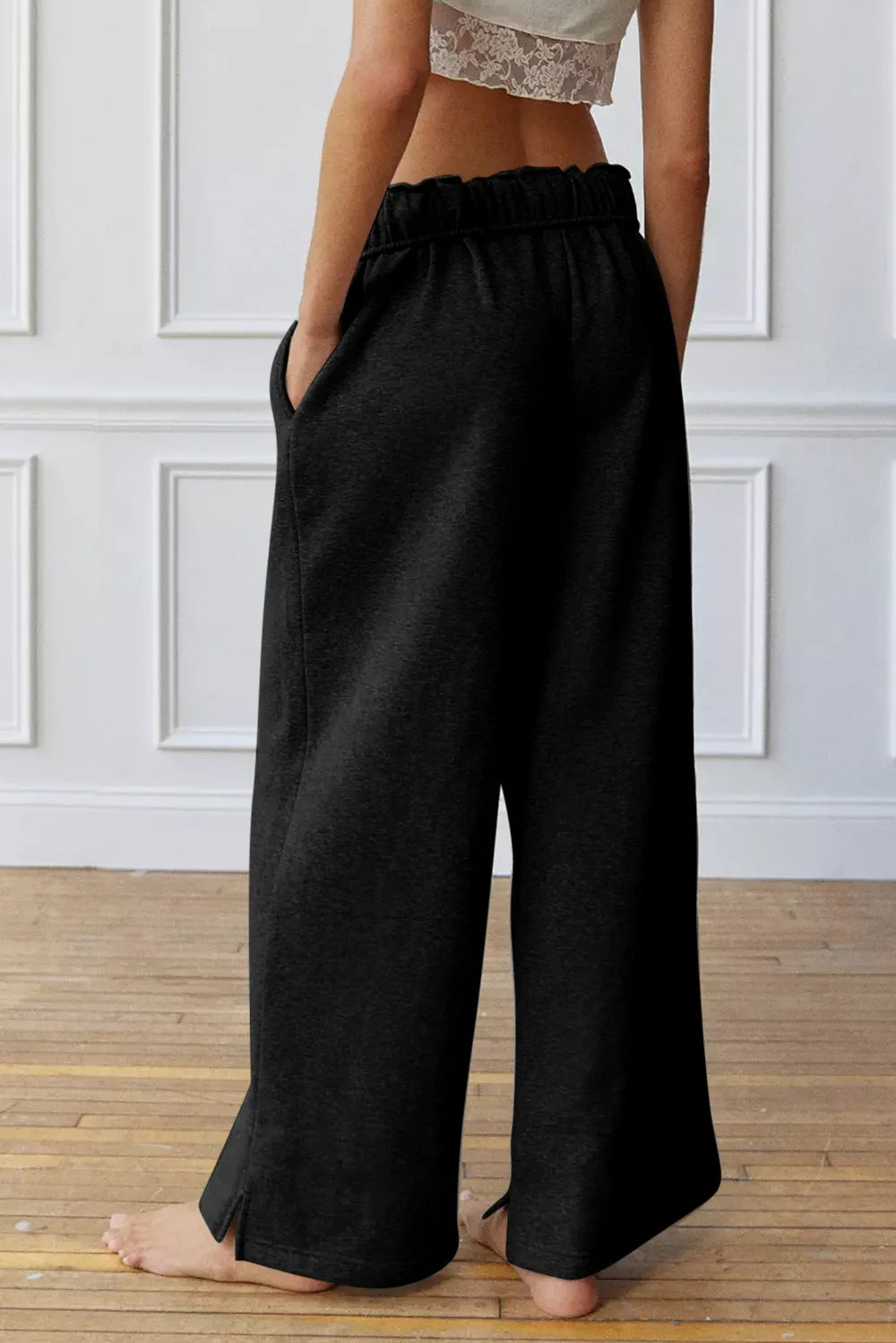 Drawstring Wide Leg Active Pants in Black