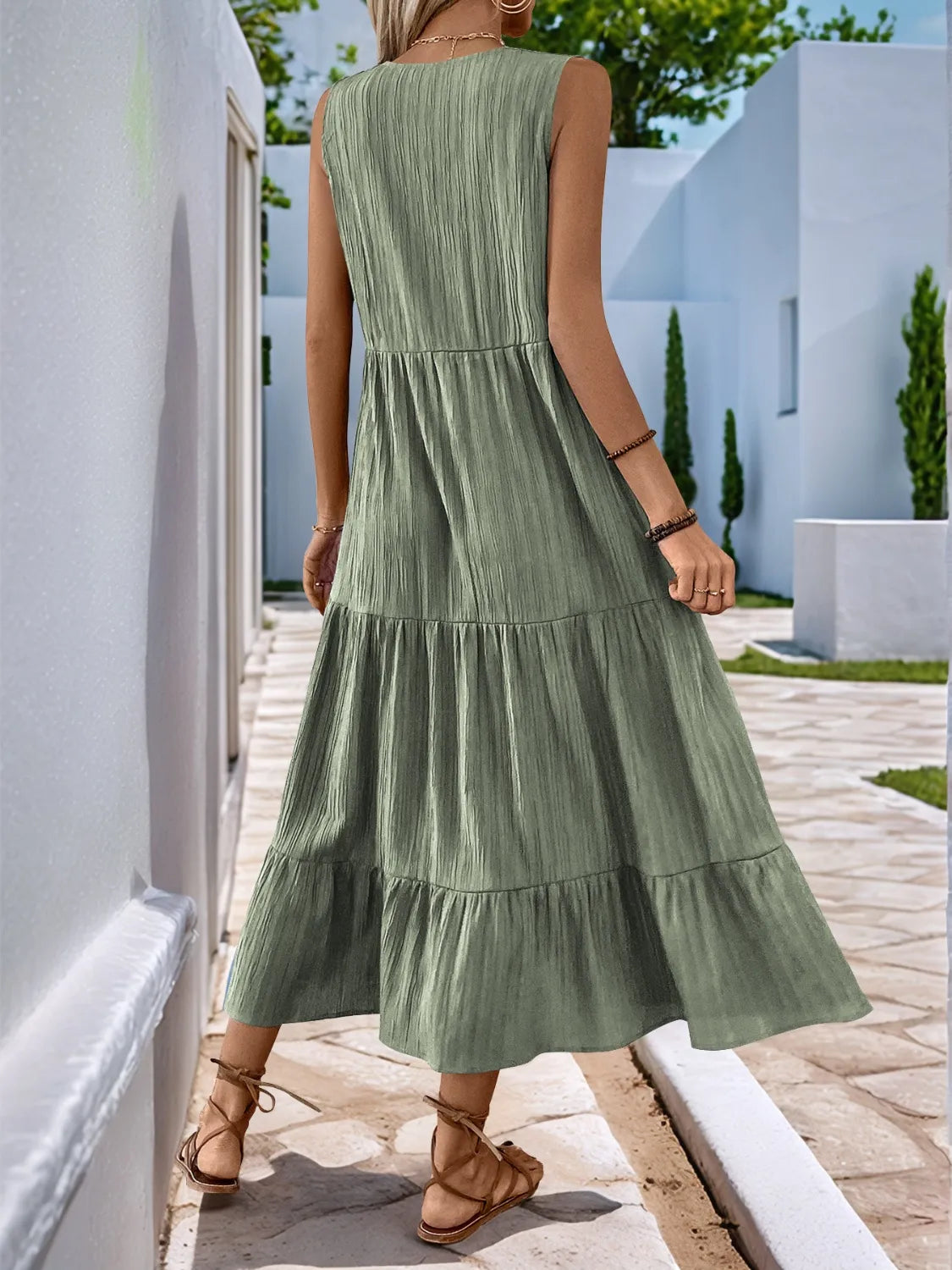 Notched Neckline Tiered Midi Dress