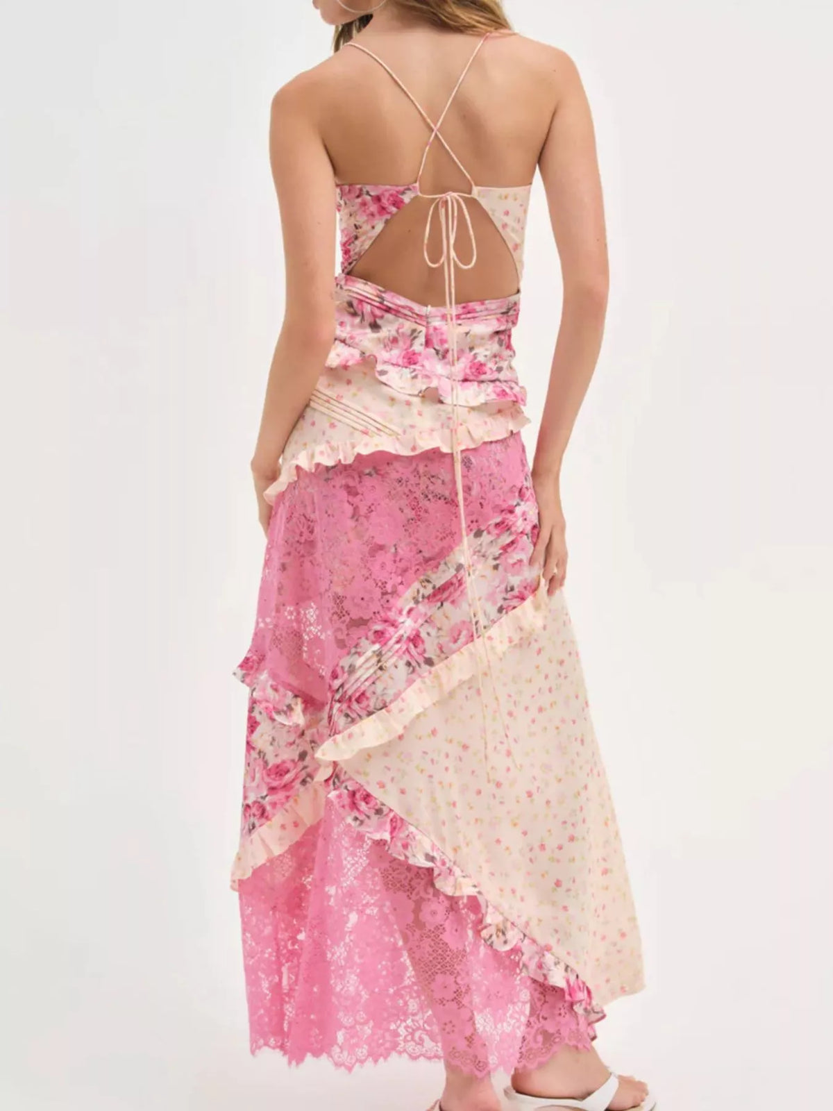 Lace Detail Ruffled V-Neck Maxi Dress