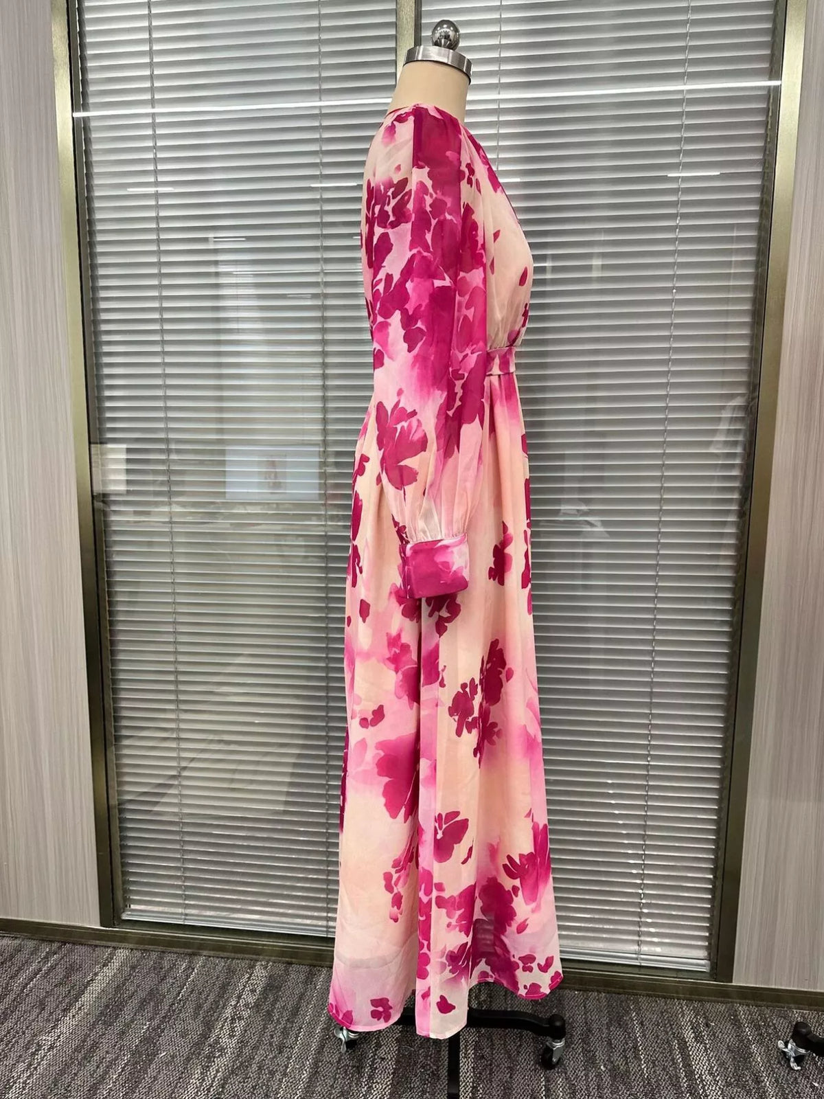 Floral Print Maxi Dress with Waist Tie in Hot Pink