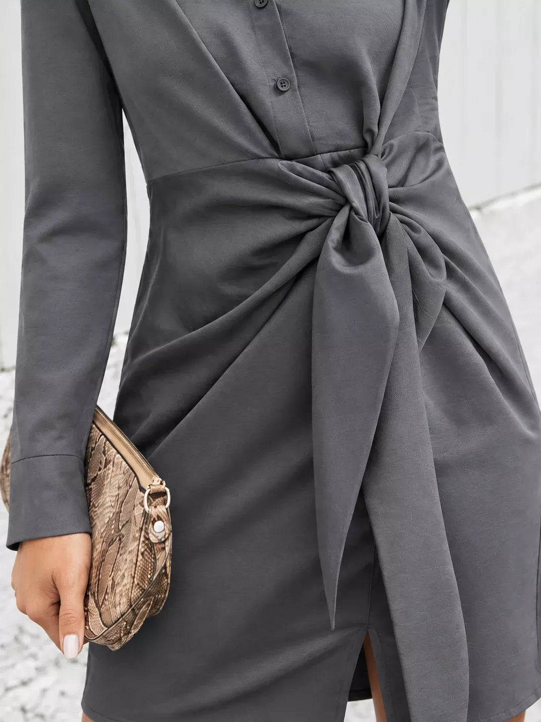 Front-Tie Shirt Dress in Dark Gray