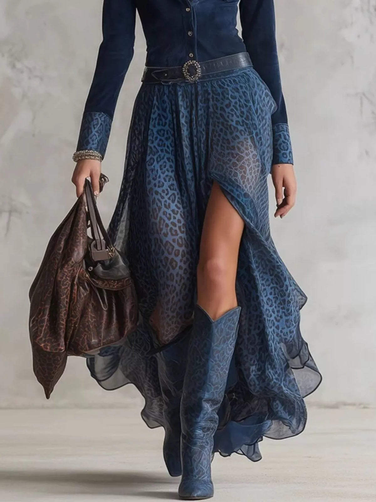 Leopard Button Front Slit Maxi Dress in Navy