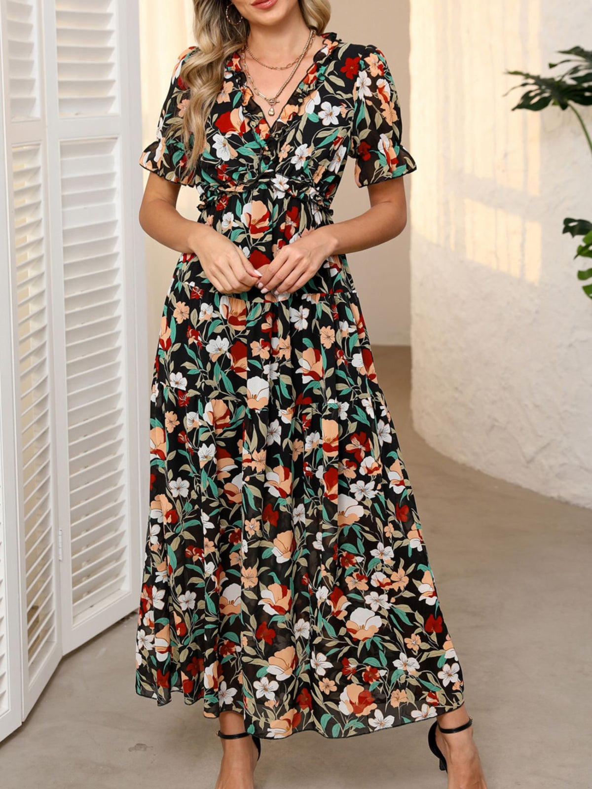 Floral Print Ruffled V-Neck Maxi Dress in Black