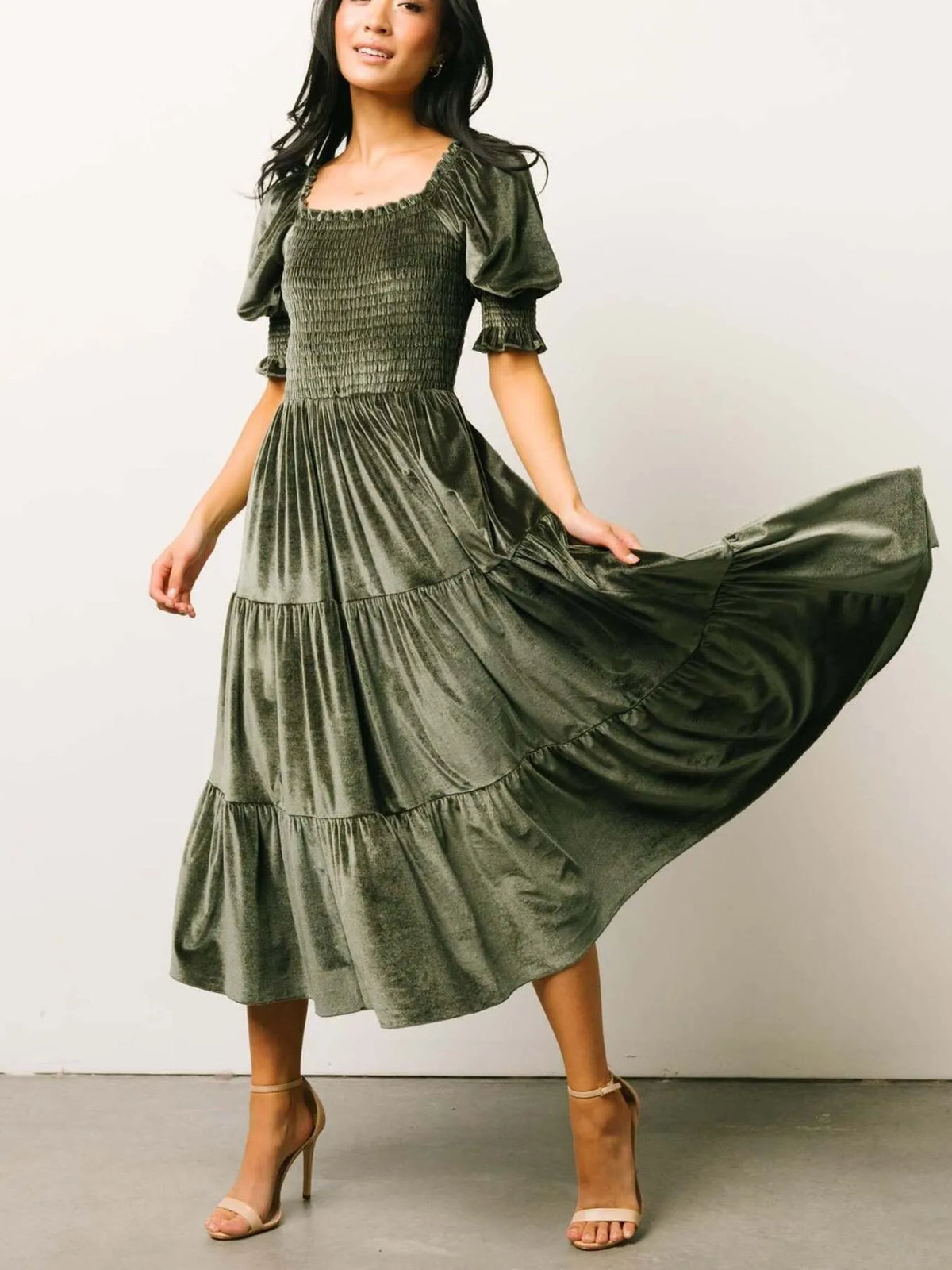 Smocked Half-Sleeve Tiered Midi Dress