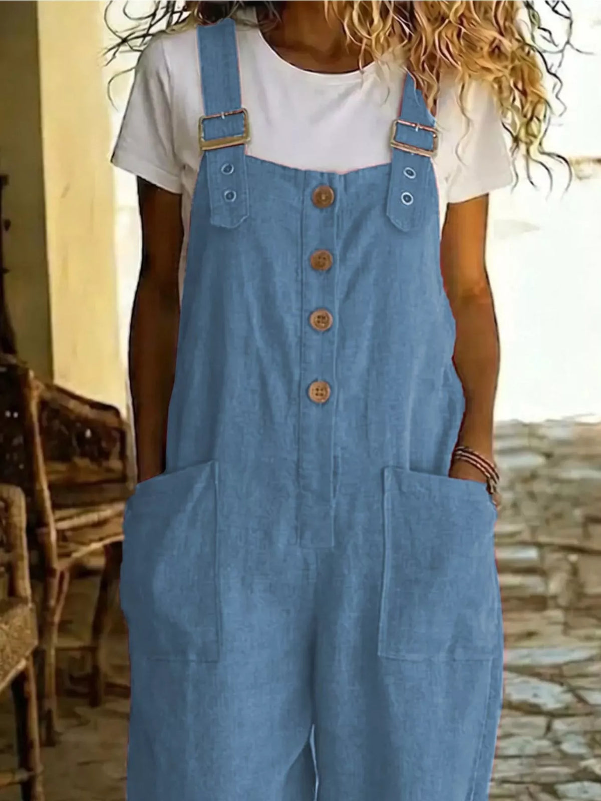 Button Front Wide Leg Overalls