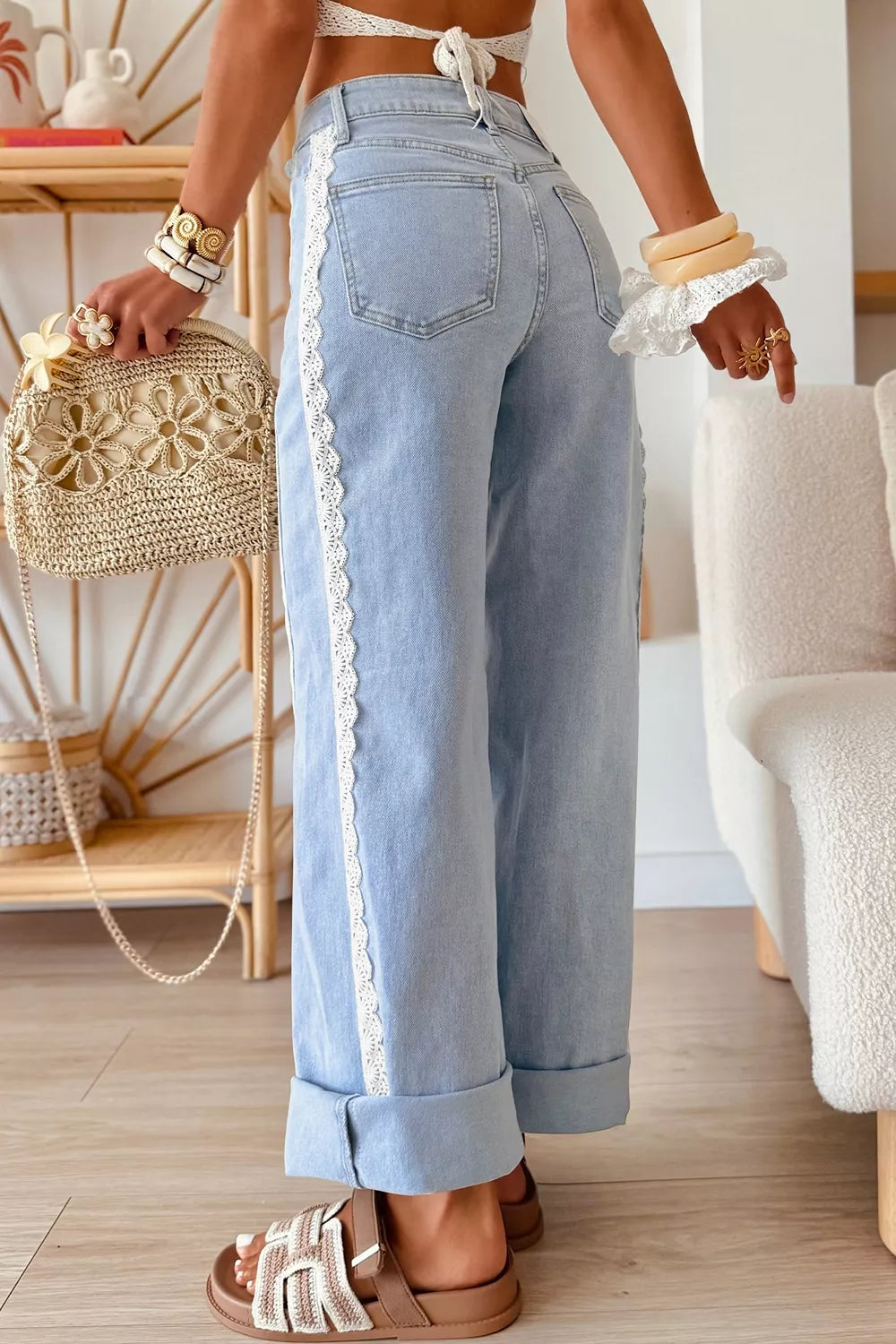 Light Blue Lace Trim Wide Leg Jeans