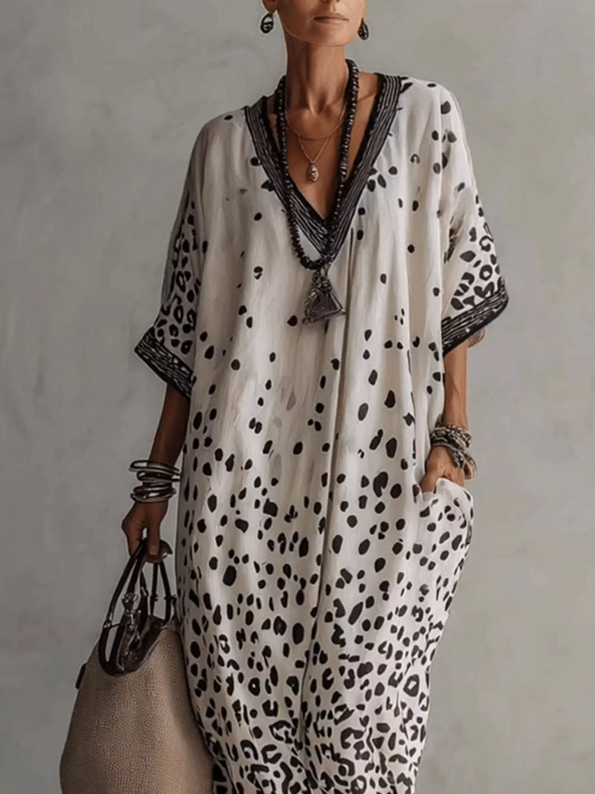 Leopard Print V-Neck Maxi Dress in White