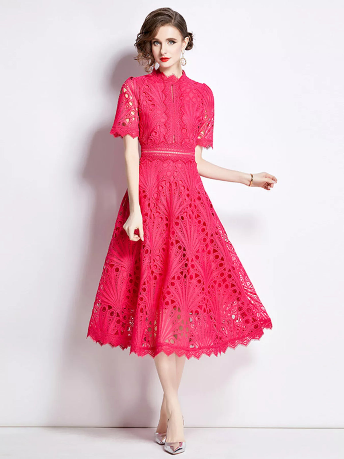 Lace Short Sleeve Midi Dress