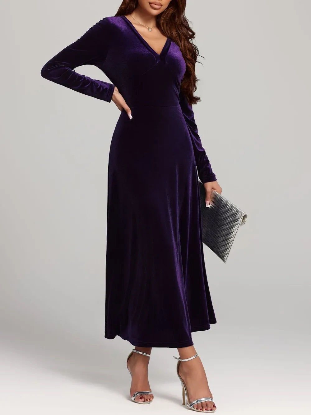 Velvet V-Neck Dress in Violet