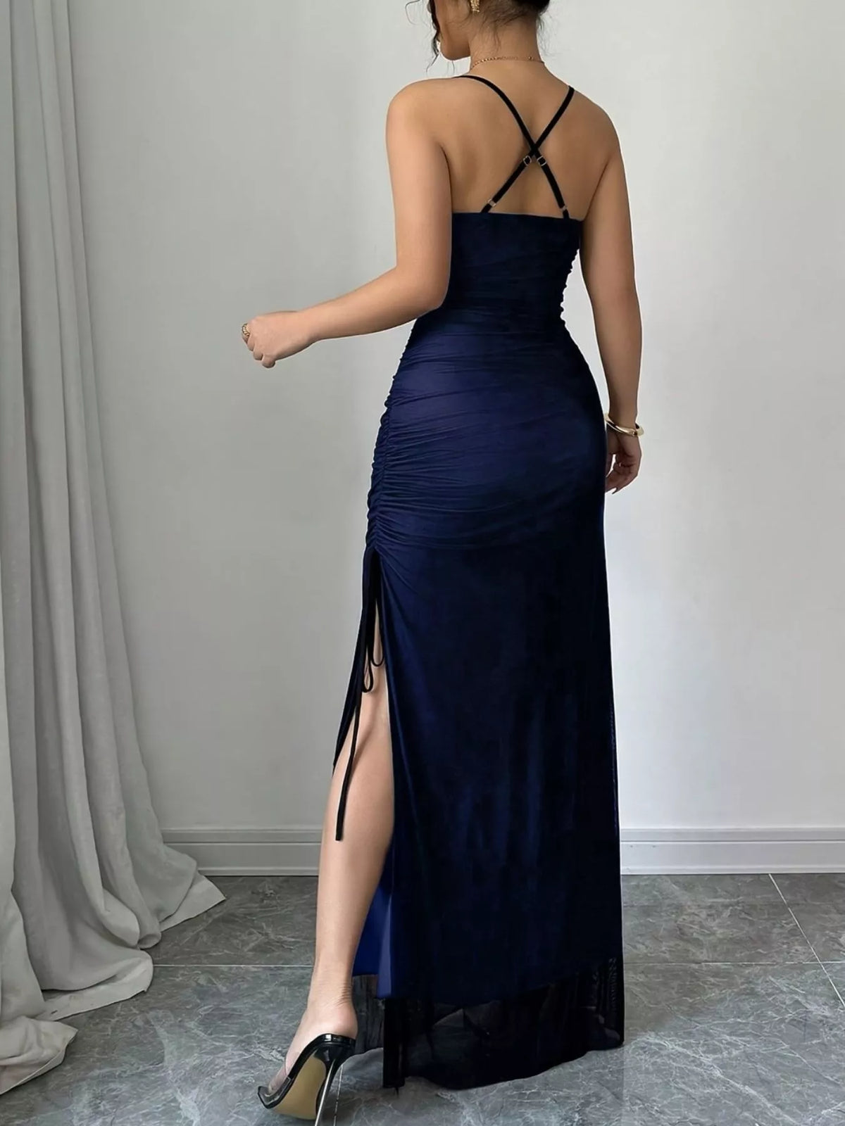 Ruched Slit Maxi Dress in Blue