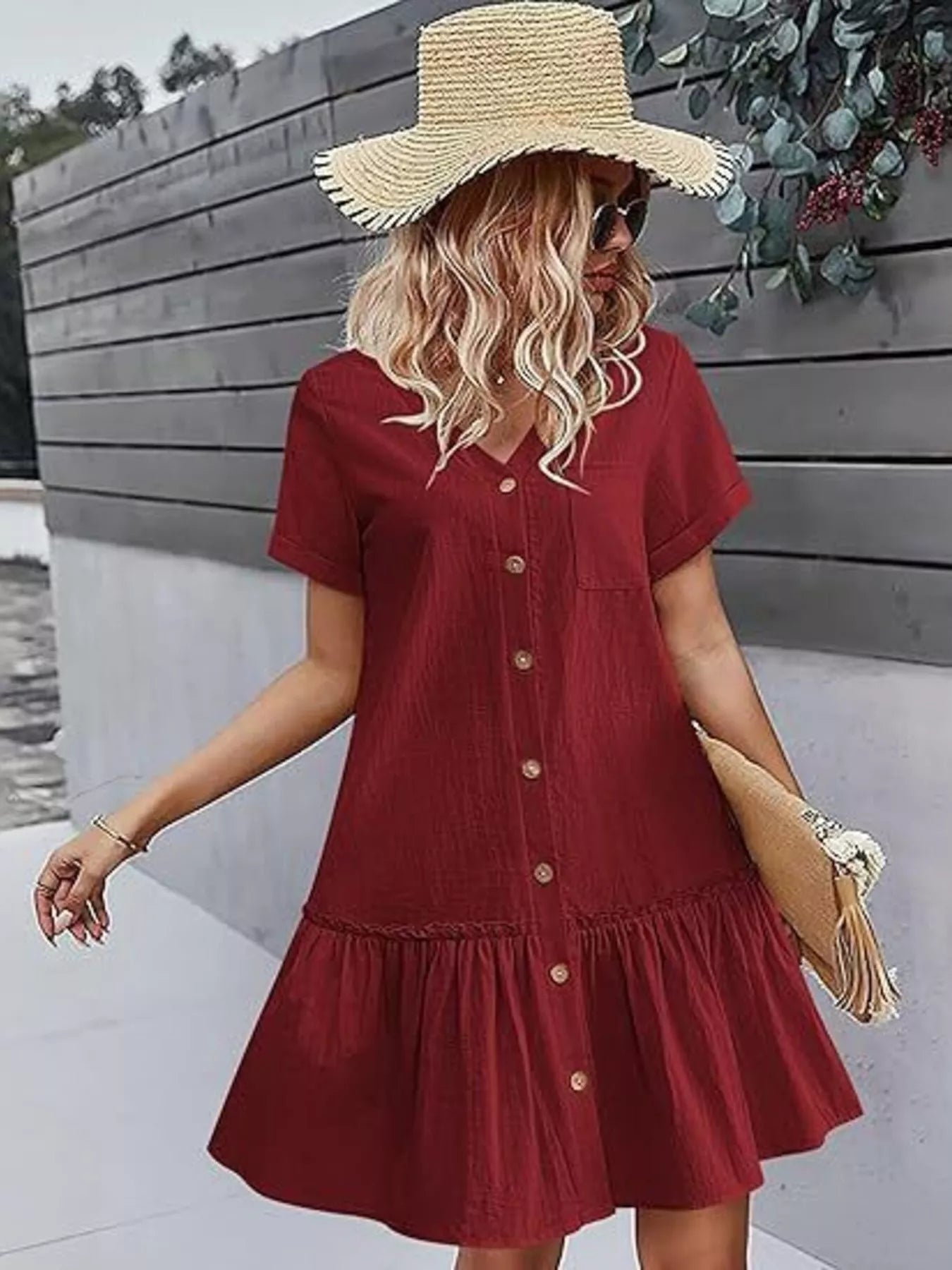 Button-Down Ruffle Hem Mini Dress
