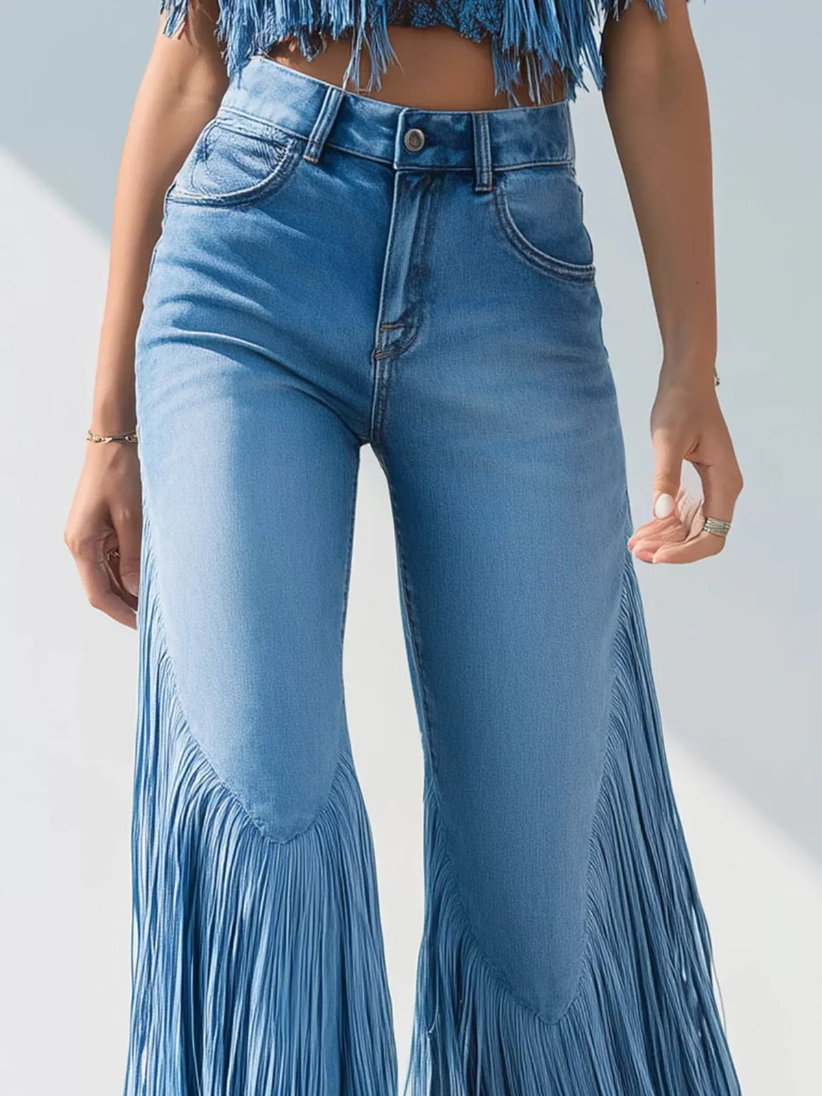 High-Waisted Fringe Flare Jeans in Blue