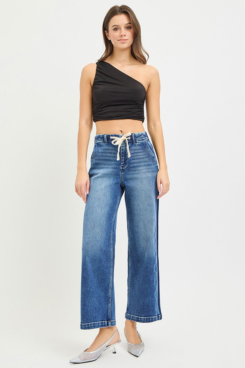 Risen Drawstring Cropped Wide Leg Jeans in Medium Wash