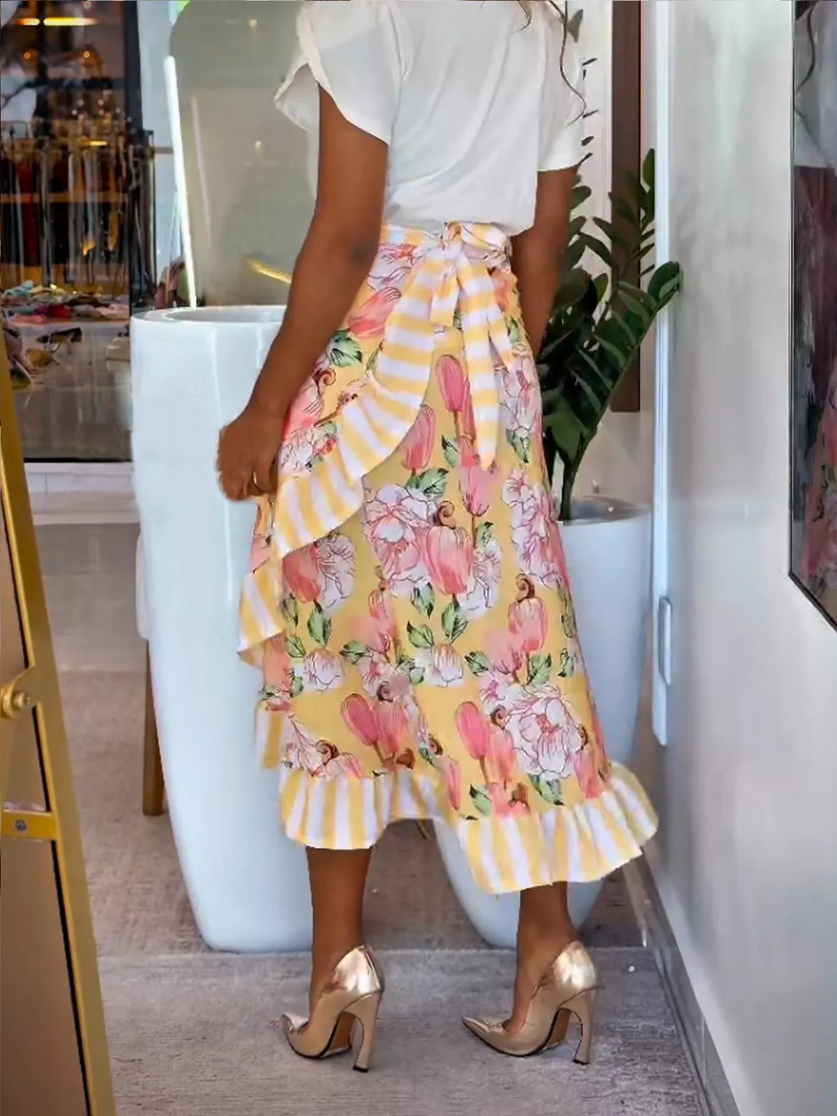 Floral Print Ruffle Hem Midi Skirt in Yellow
