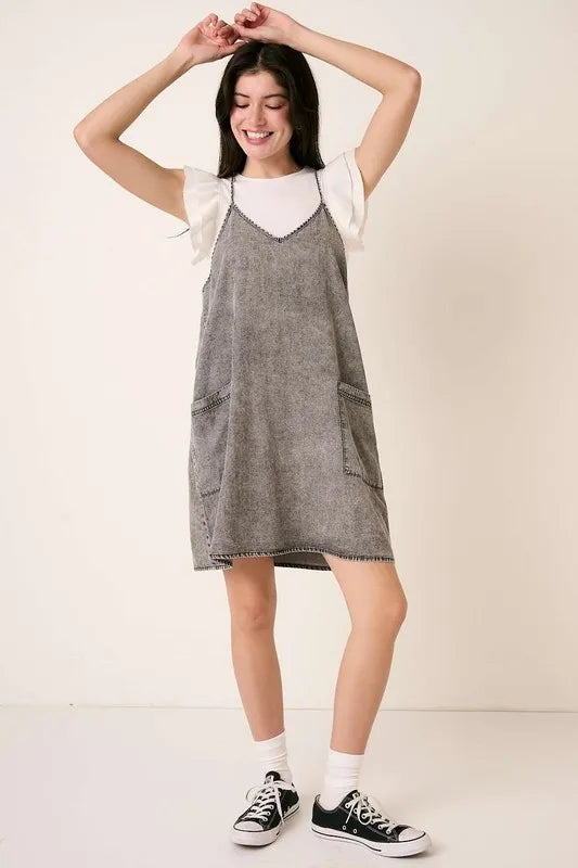 Patch Pocket Mini Cami Denim Dress in Gray by Mittoshop
