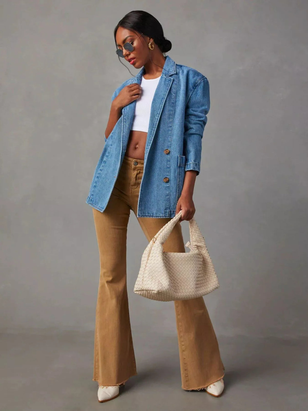 Button-Down Denim Blazer in Light Blue by Invera