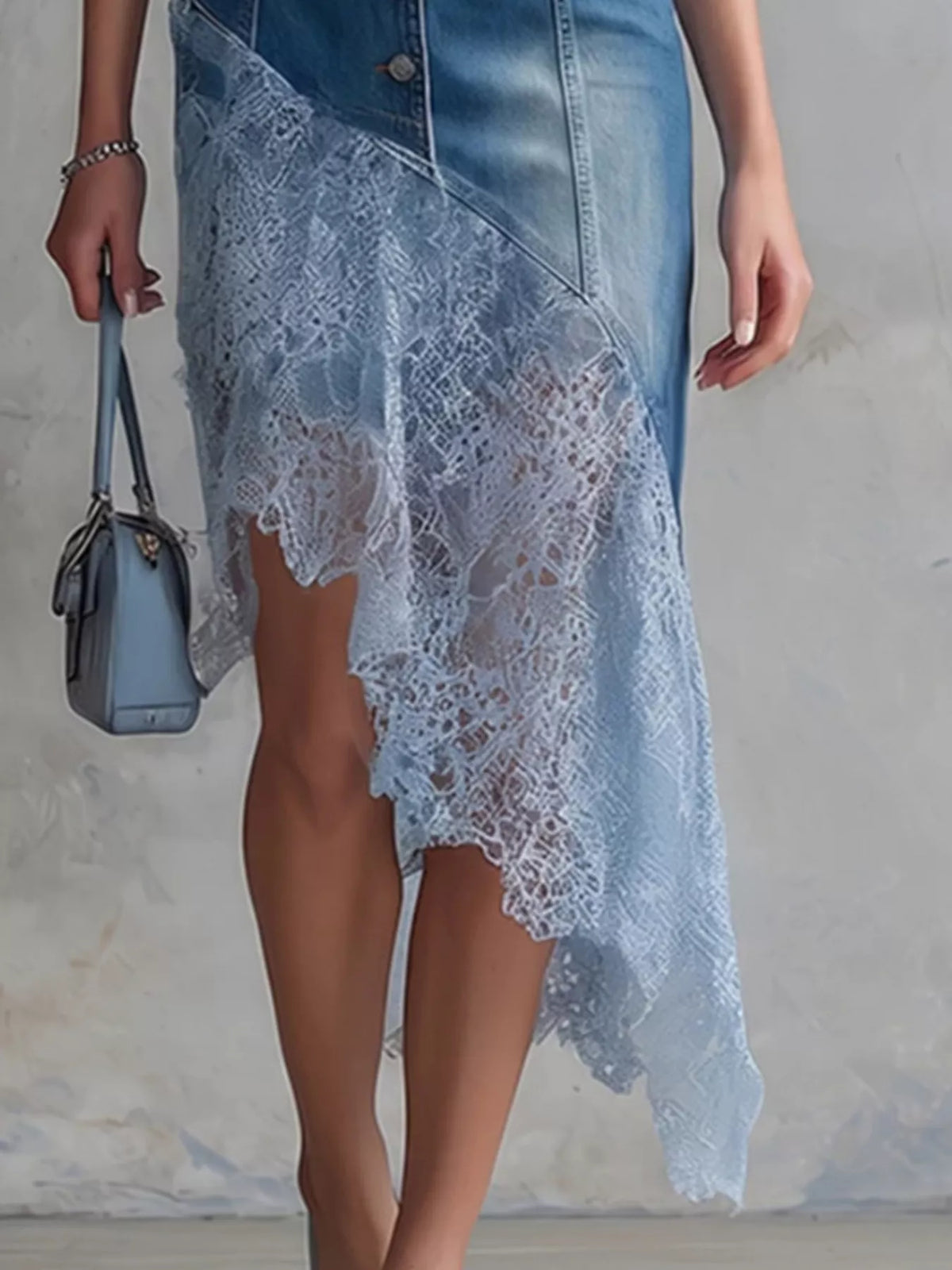 Sleeveless Patchwork Denim Dress with Lace Hem in Blue