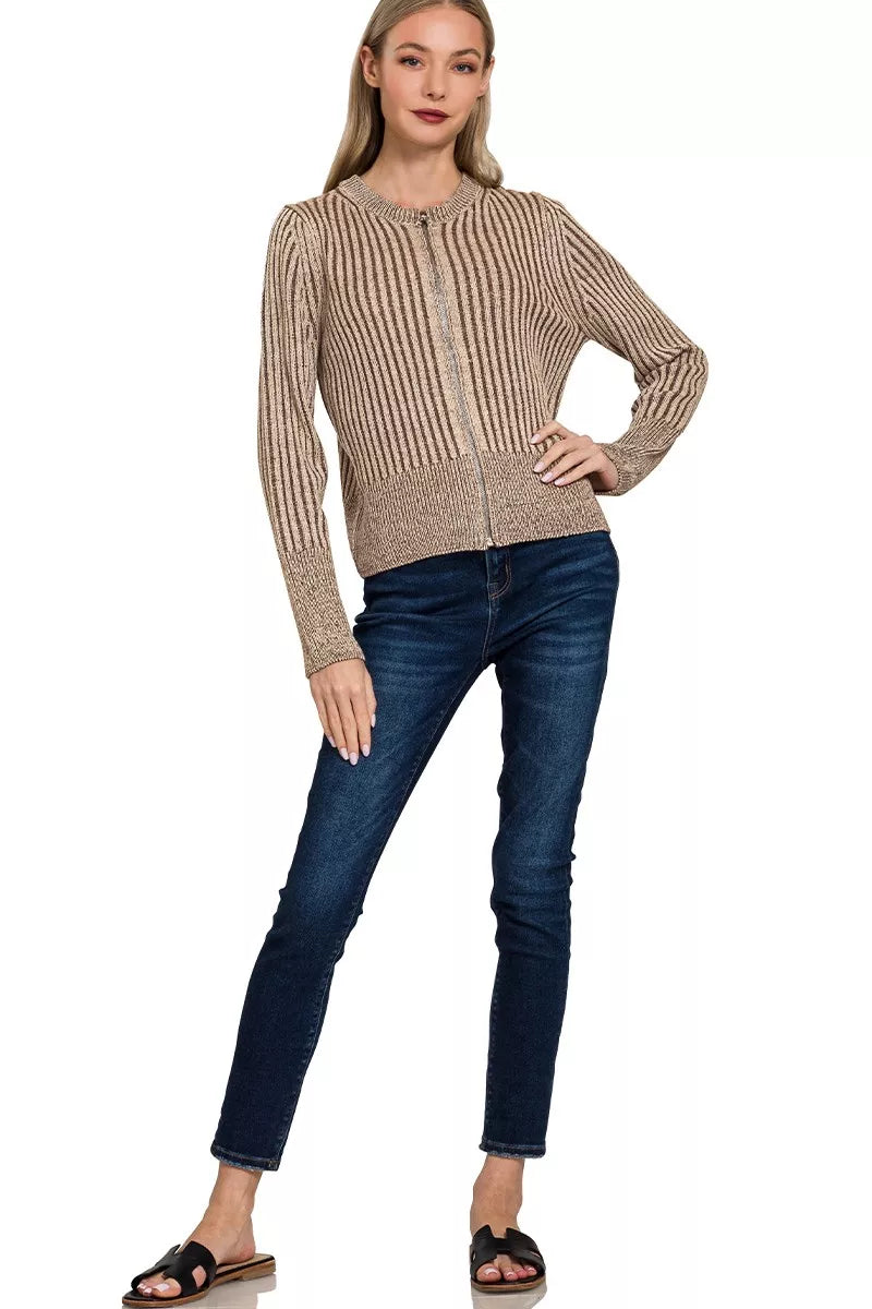 Zenana Ribbed Two-Tone Zip-Up Cardigan in Brown