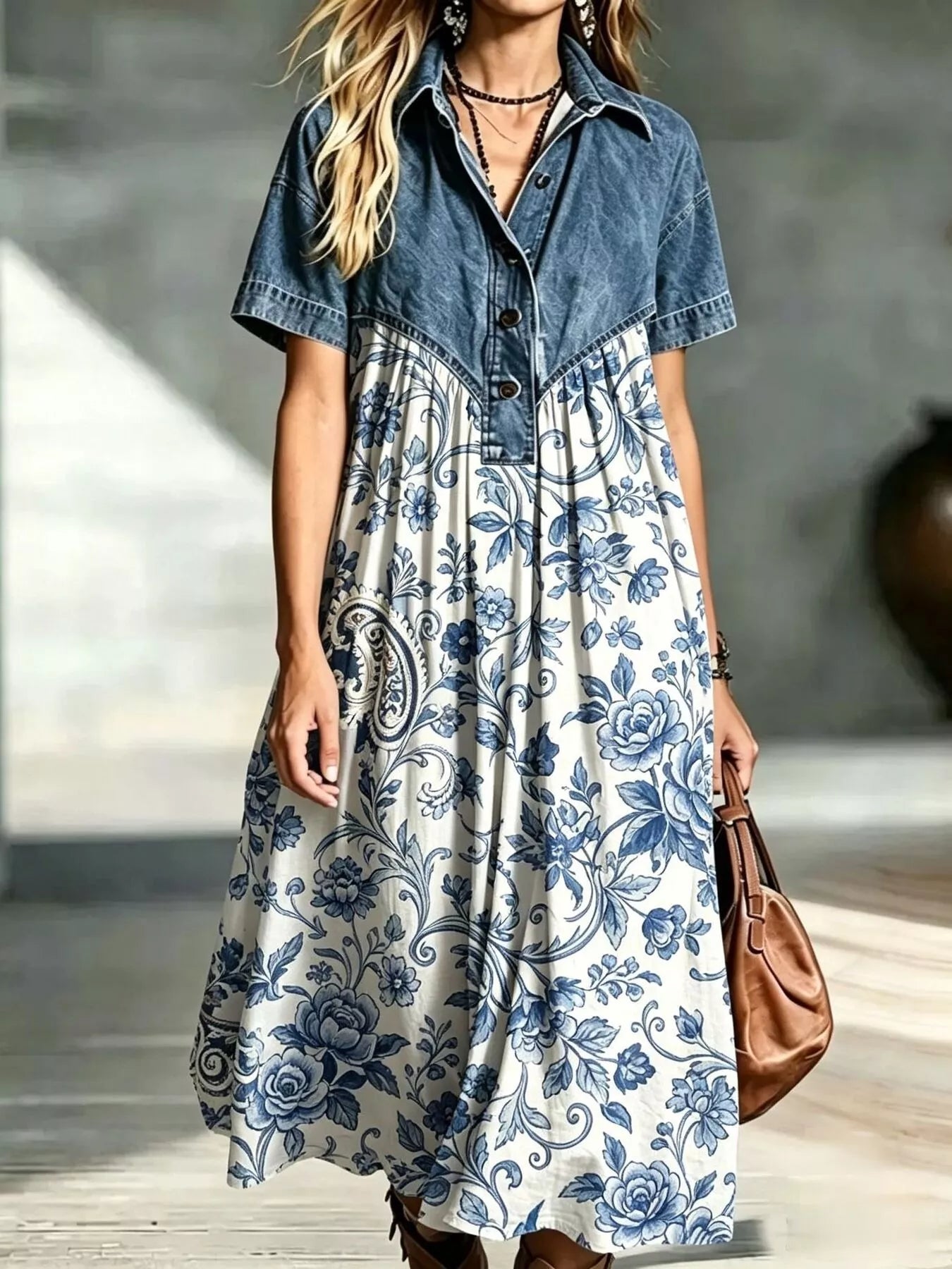 Denim Patchwork Print Shirt Dress
