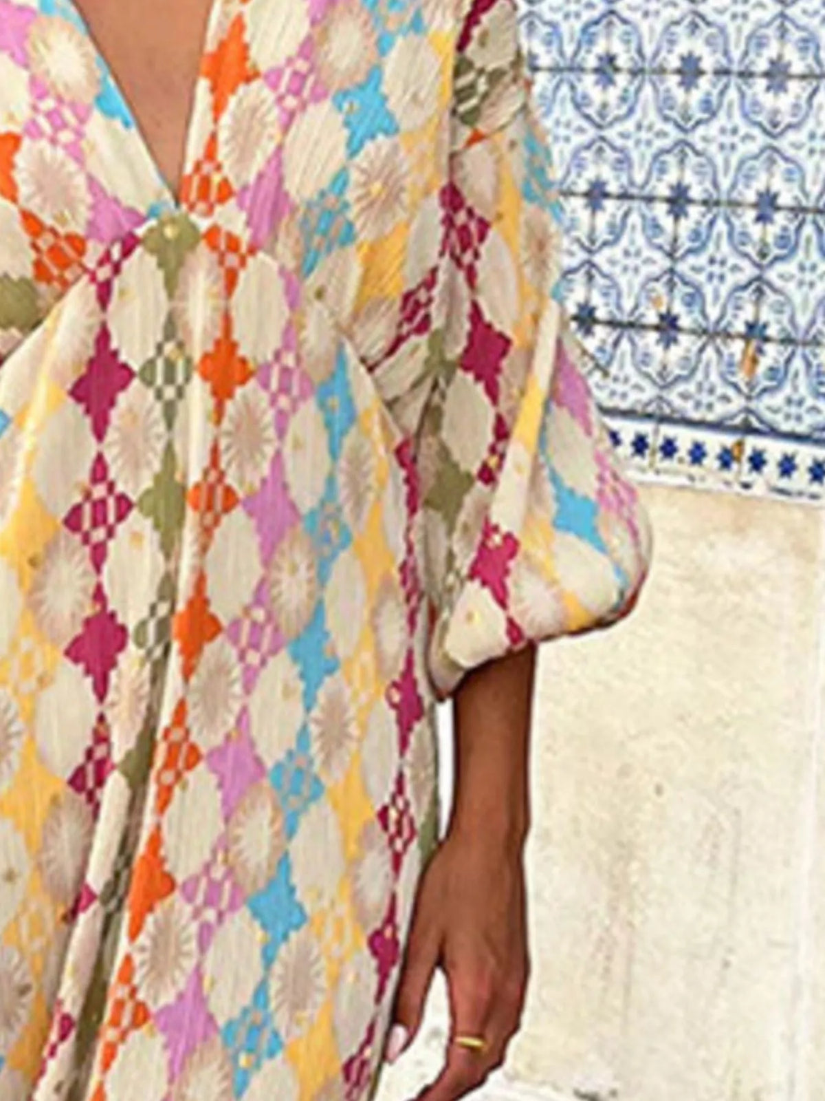 Geometric Print V-Neck Maxi Dress in Multicolor