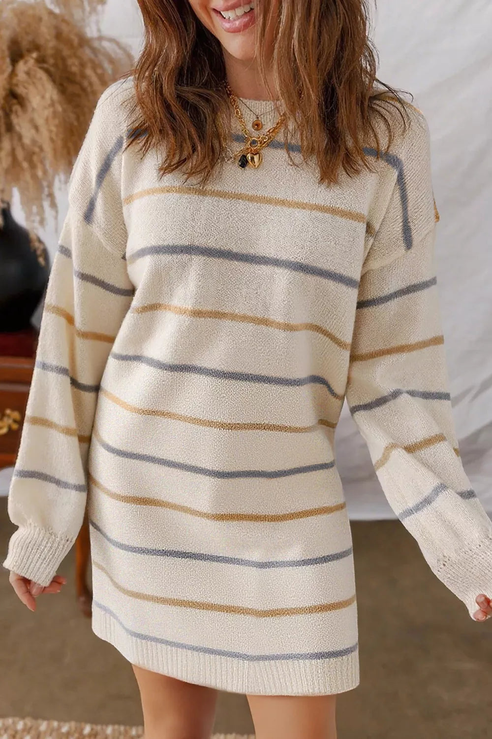 Striped Dropped-Shoulder Oversized Sweater Dress in Beige