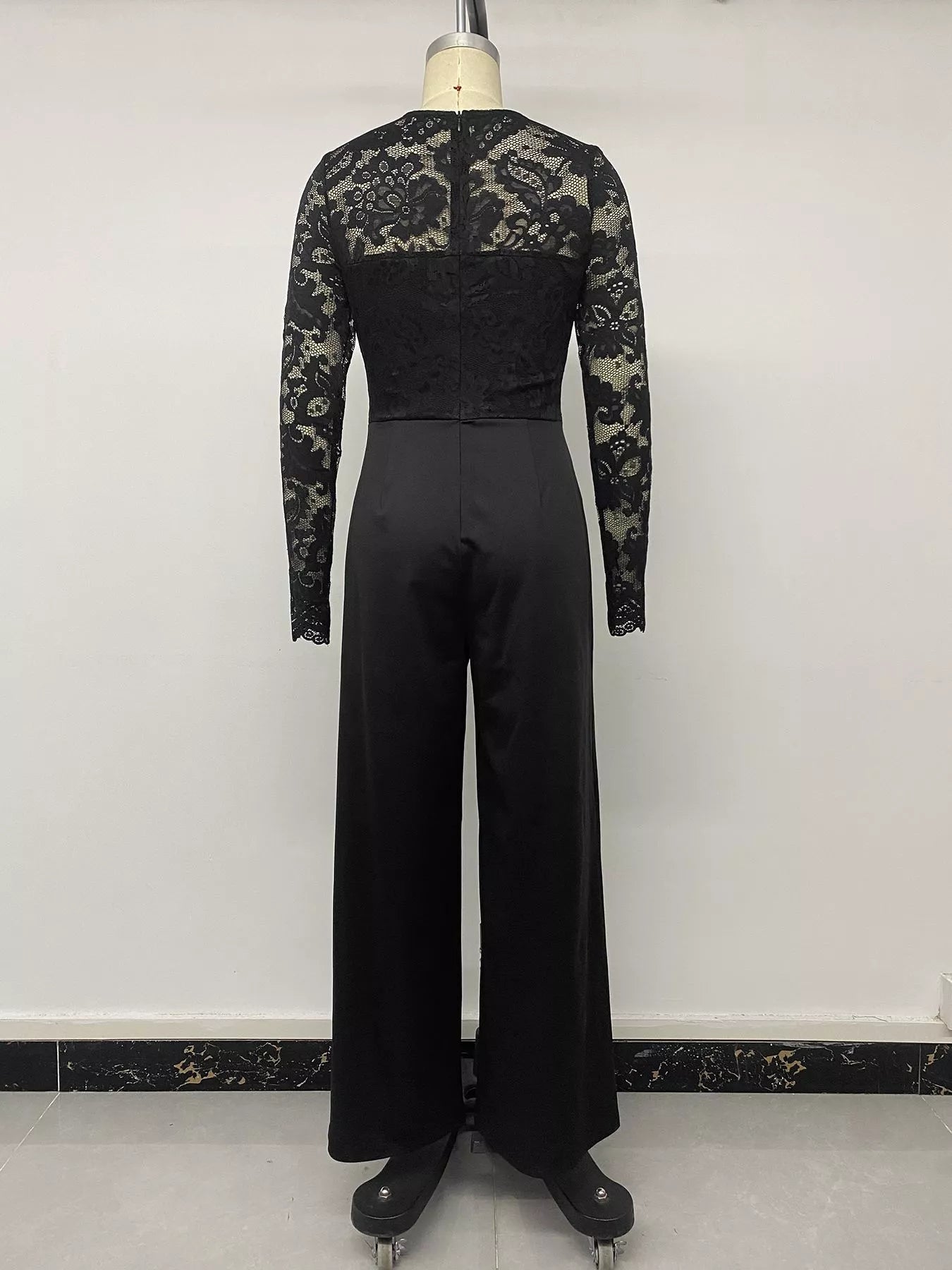 Lace Long Sleeve Wide-Leg Jumpsuit in Black