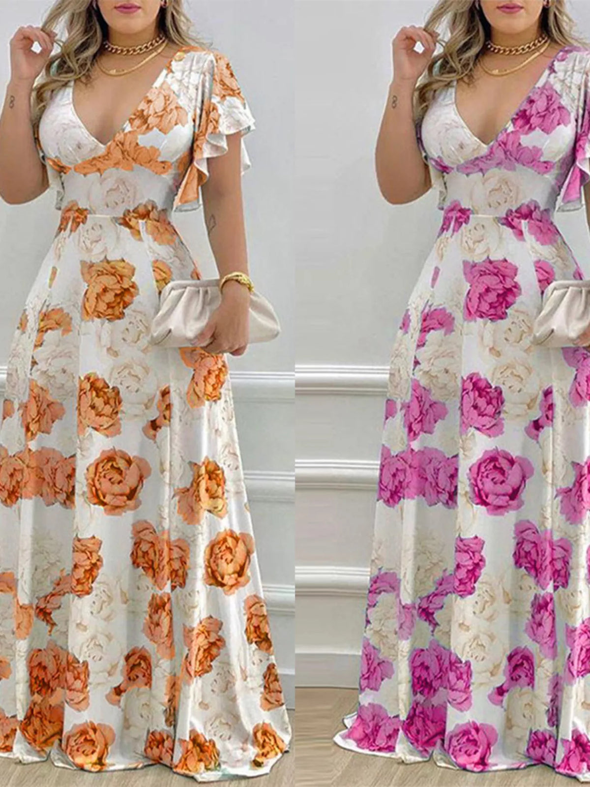 Floral V-Neck Ruffle Sleeve Maxi Dress