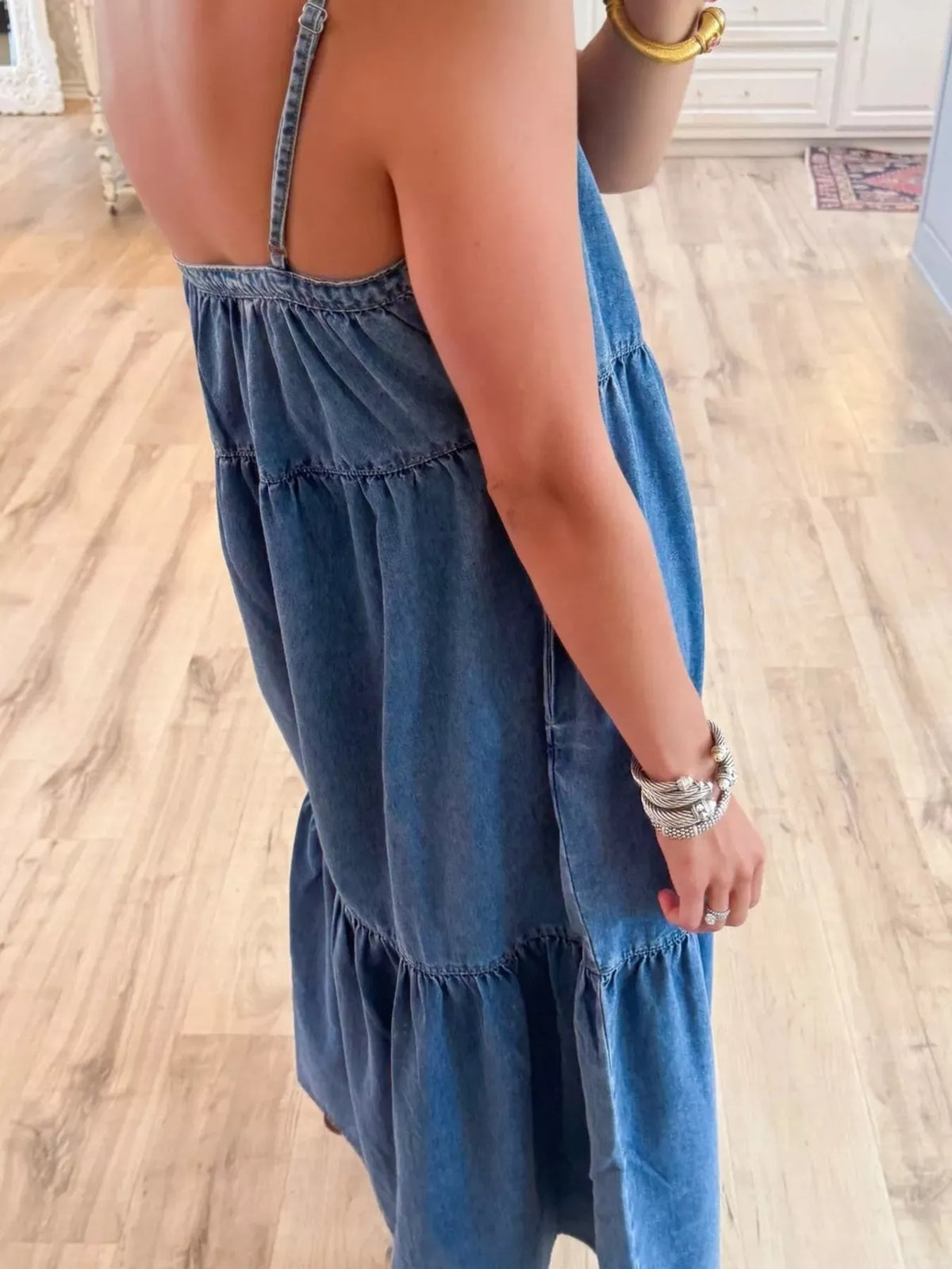Tiered Ruffle Hem Denim Dress in Blue