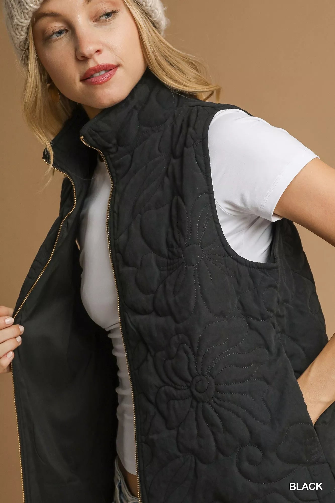 Umgee Quilted Floral Zip Vest in Black