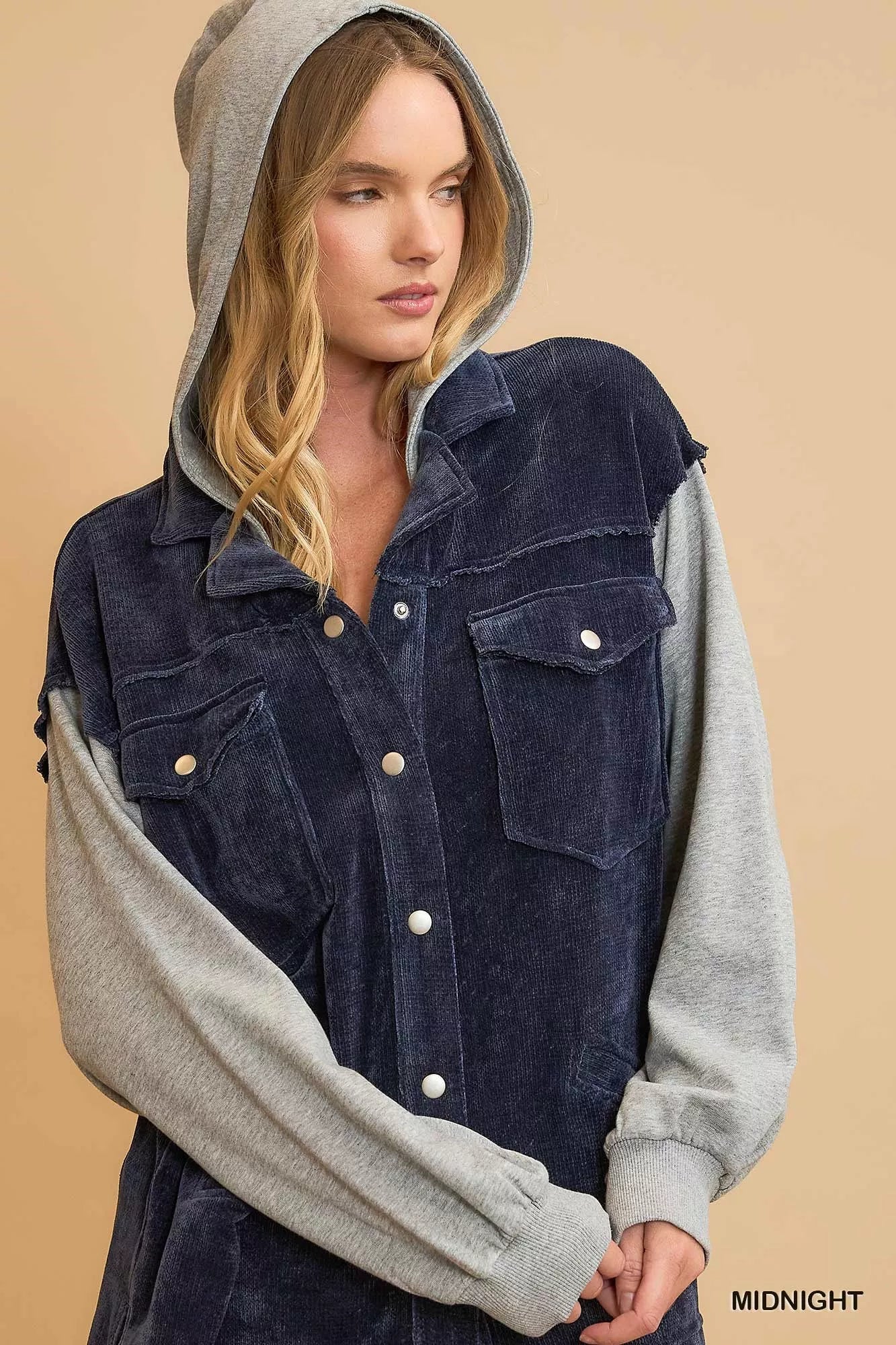Umgee Hooded Chenille Jacket in Midnight