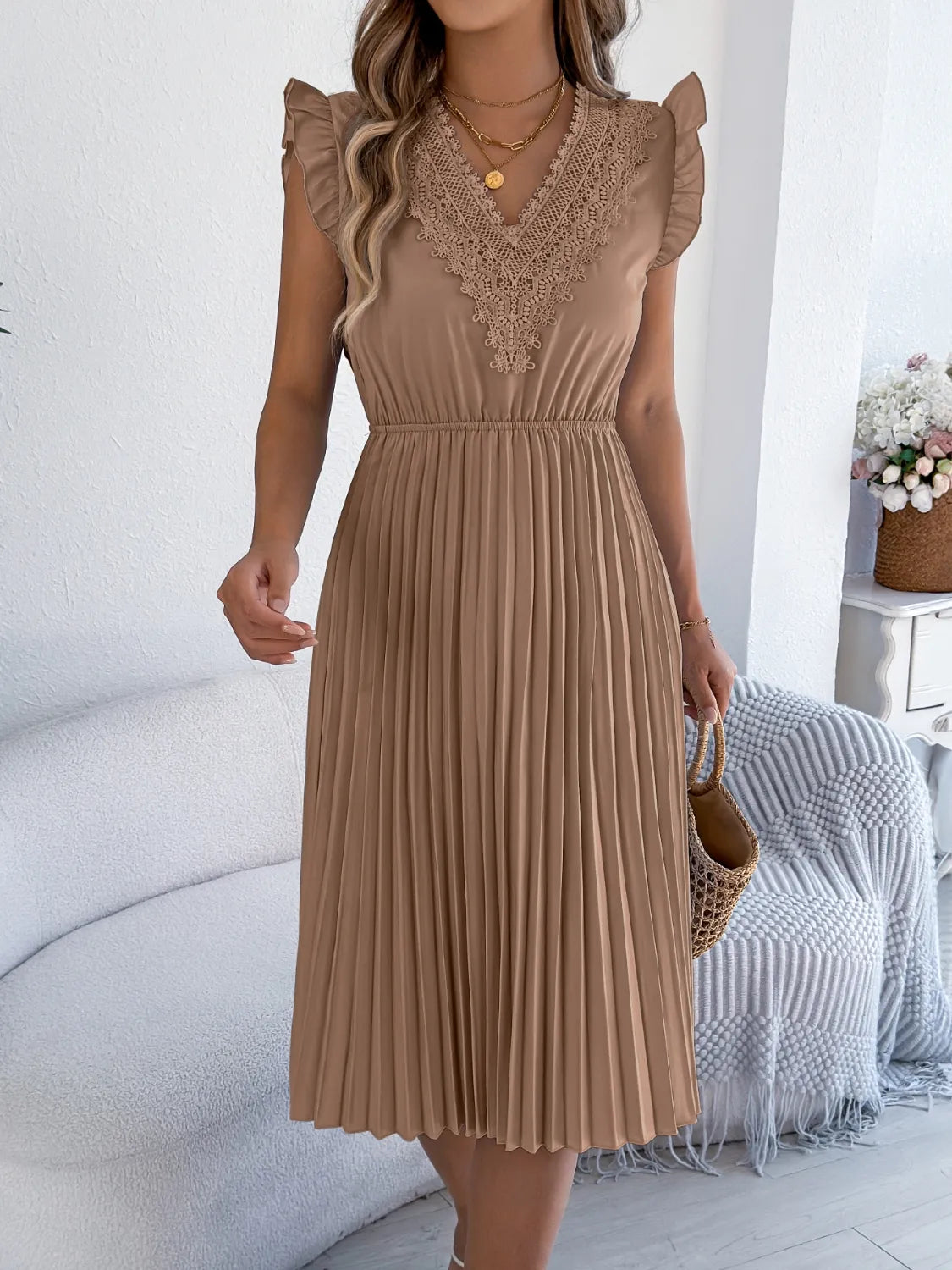 Lace Detail Ruffled Cap Sleeve Pleated Dress