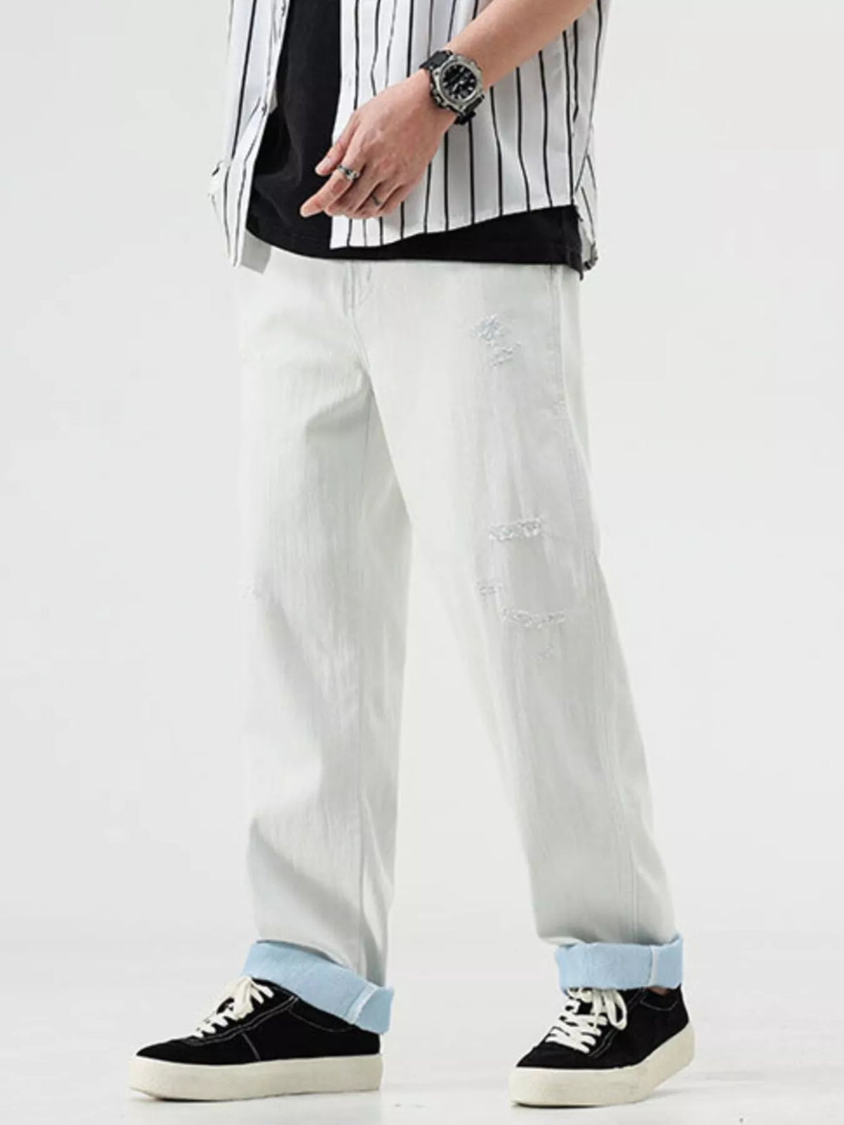 Men's Distressed Relaxed Fit Jeans in White by Fine Tune