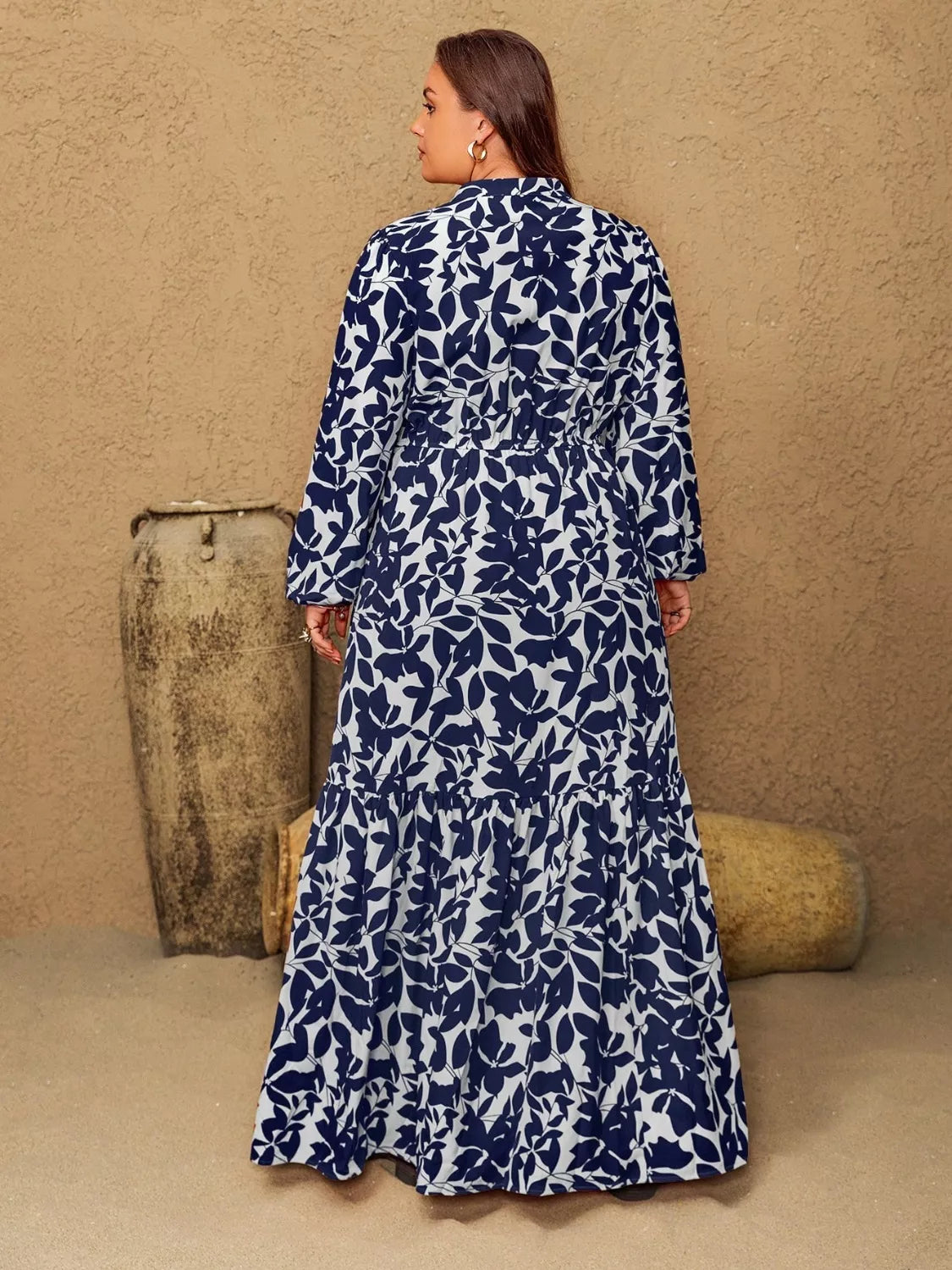 Notched Floral Long Sleeve Maxi Dress in Indigo