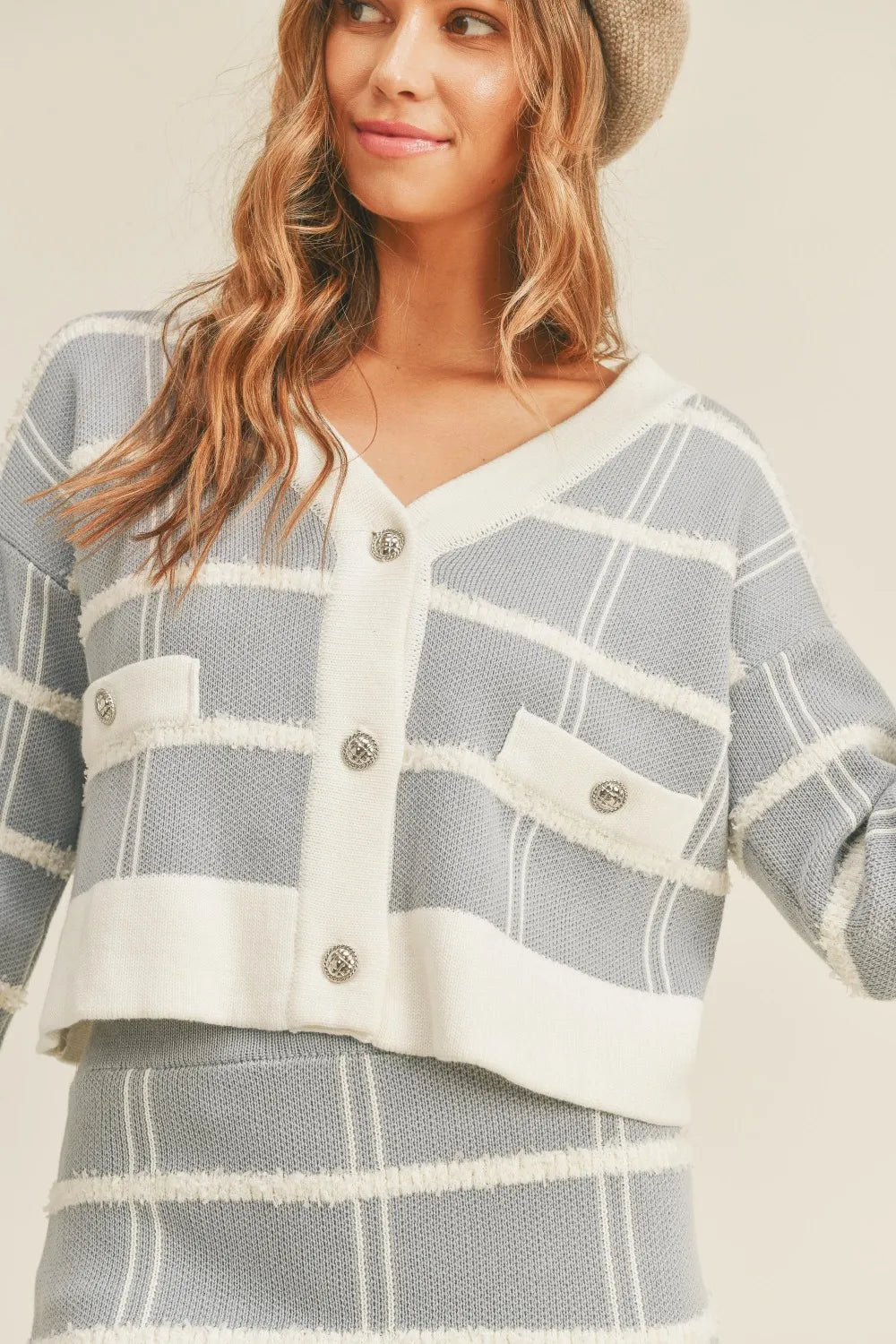 Plaid Button-Down Cardigan & Mini Skirt Set in Dusty Blue
