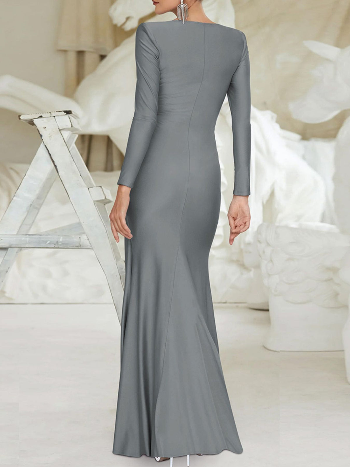 Ruched Knot-Front Long Sleeve Maxi Dress