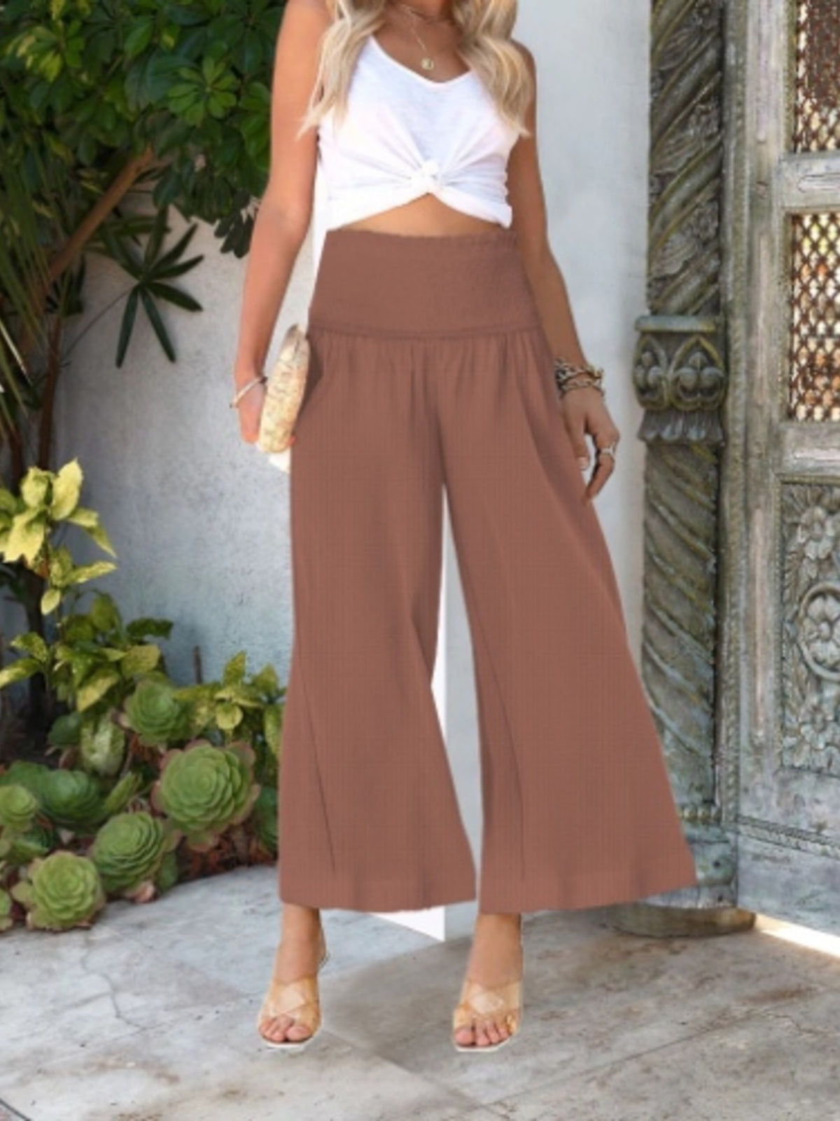 Smocked Waist Wide Leg Pants