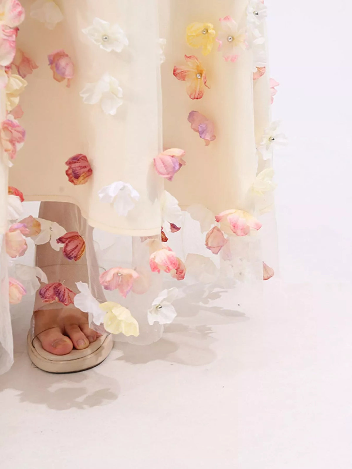 Floral Applique Tulle Maxi Dress in Apricot