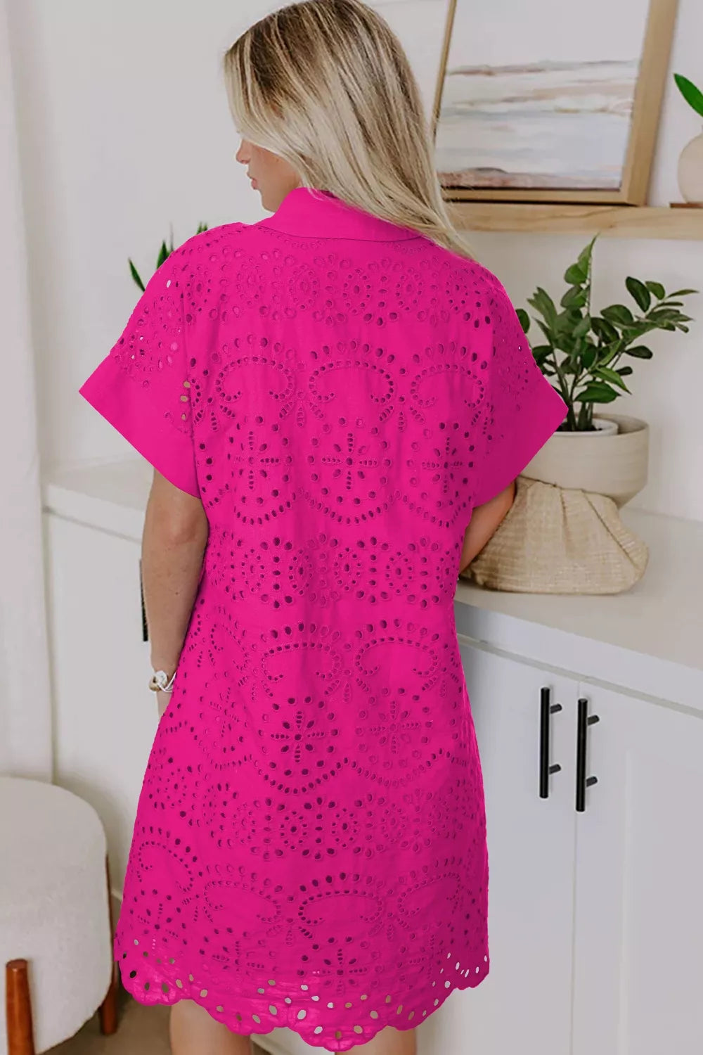 Eyelet Short Sleeve Dress in Hot Pink