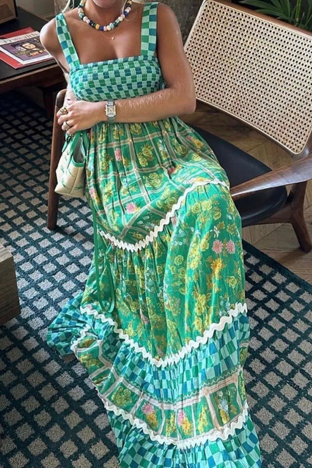 Backless Square Neck Tiered Dress in Green by Shenori