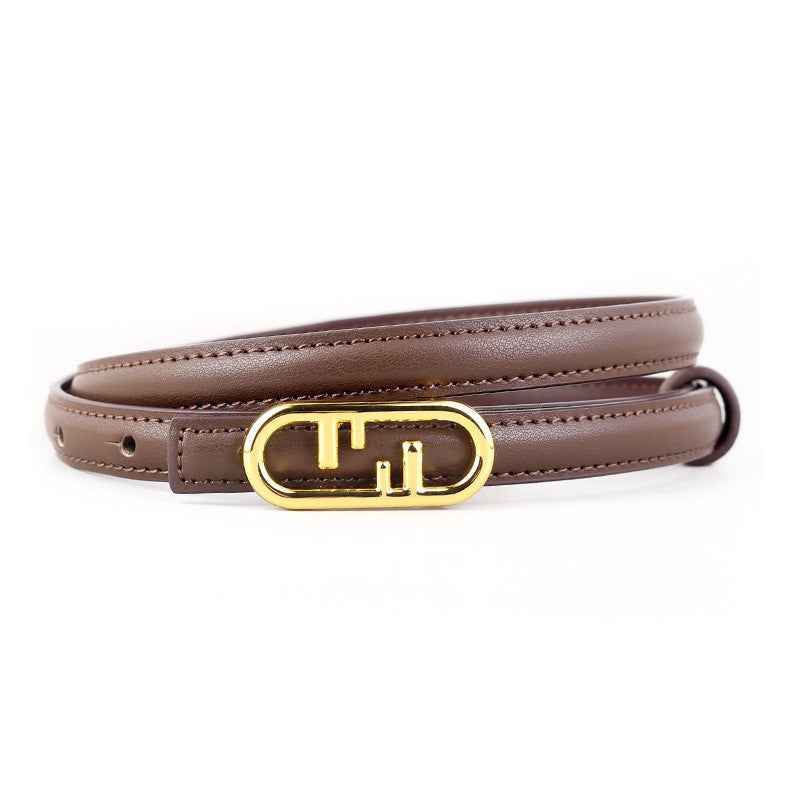 Ilussa Buckle Skinny Leather Belt — Caramel A