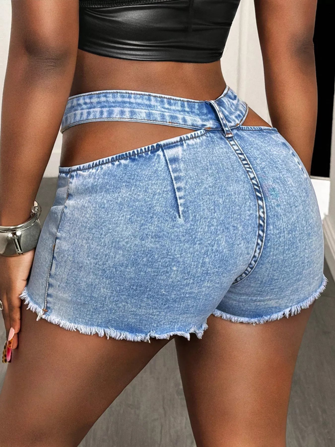Cut-Out Denim Shorts with Frayed Hem in Blue