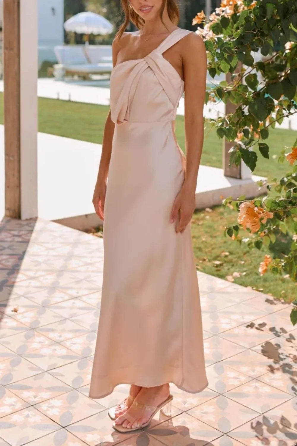 Ruched Single-Shoulder Maxi Dress in Eggshell